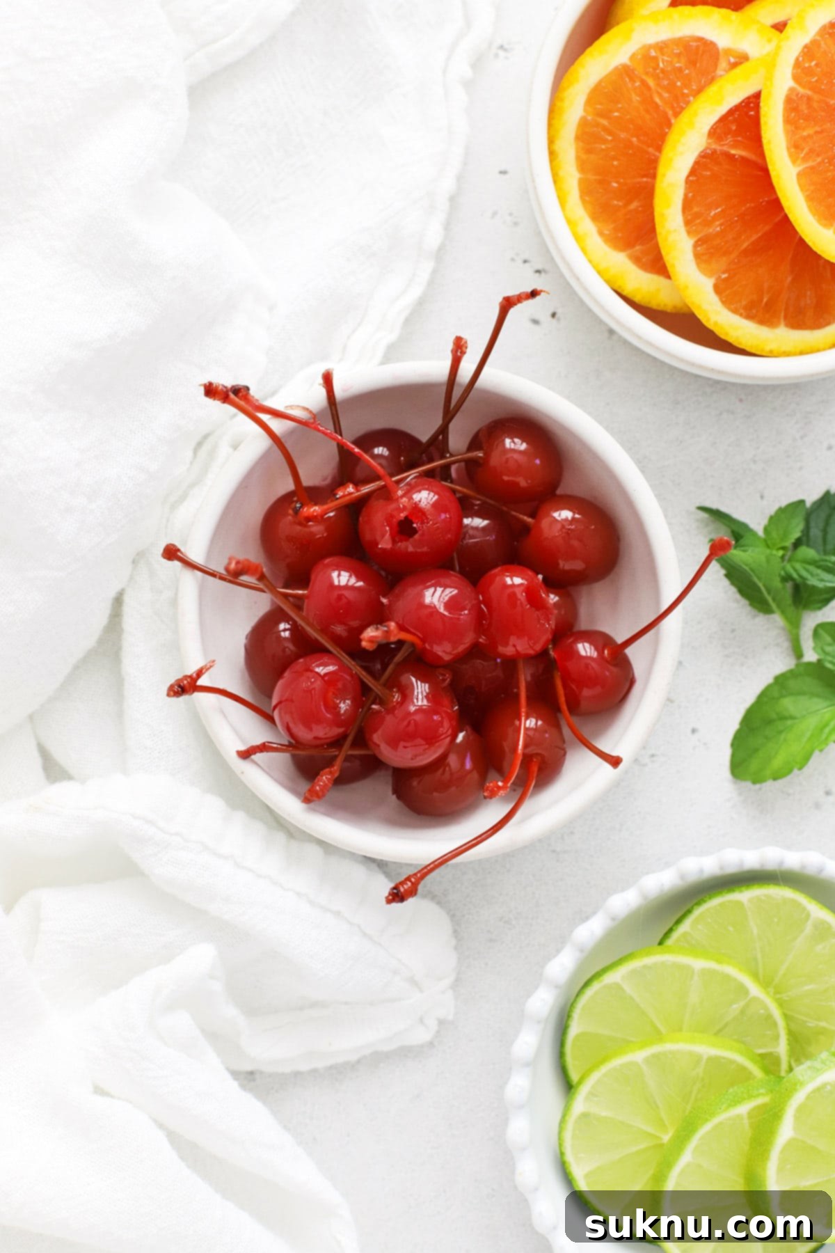 Classic Shirley Temple 7 Overhead view of garnishes for a classic shirley temple drink