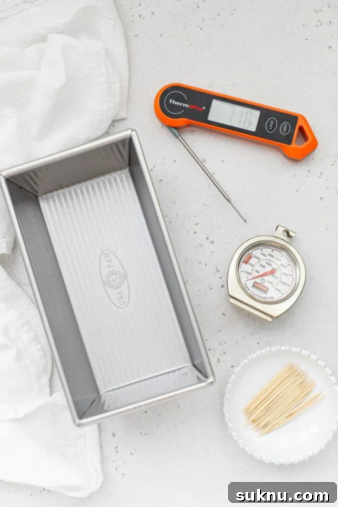 Essential tools for checking banana bread doneness, including an oven thermometer and instant-read thermometer.