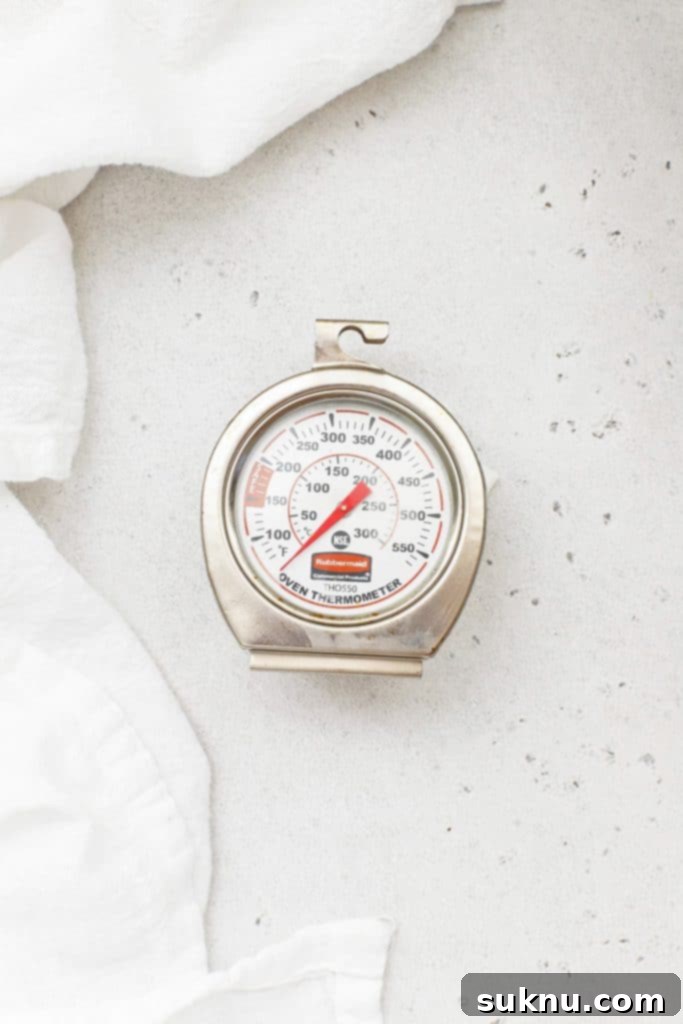 Close-up of an oven thermometer indicating accurate oven temperature for baking.