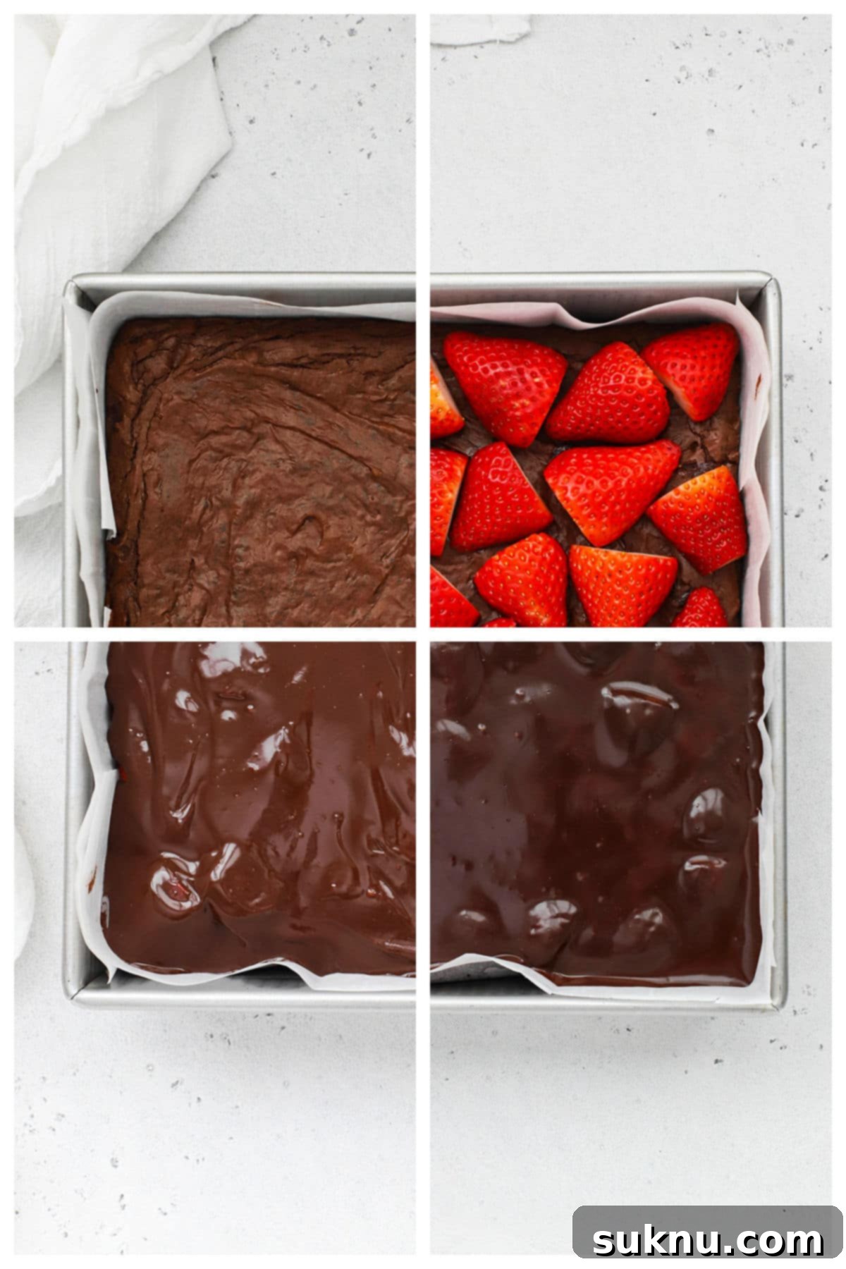 A visual collage showing the four key steps for making gluten-free strawberry brownies: baking the brownie base, arranging fresh strawberries, pouring rich chocolate ganache, and letting it set.