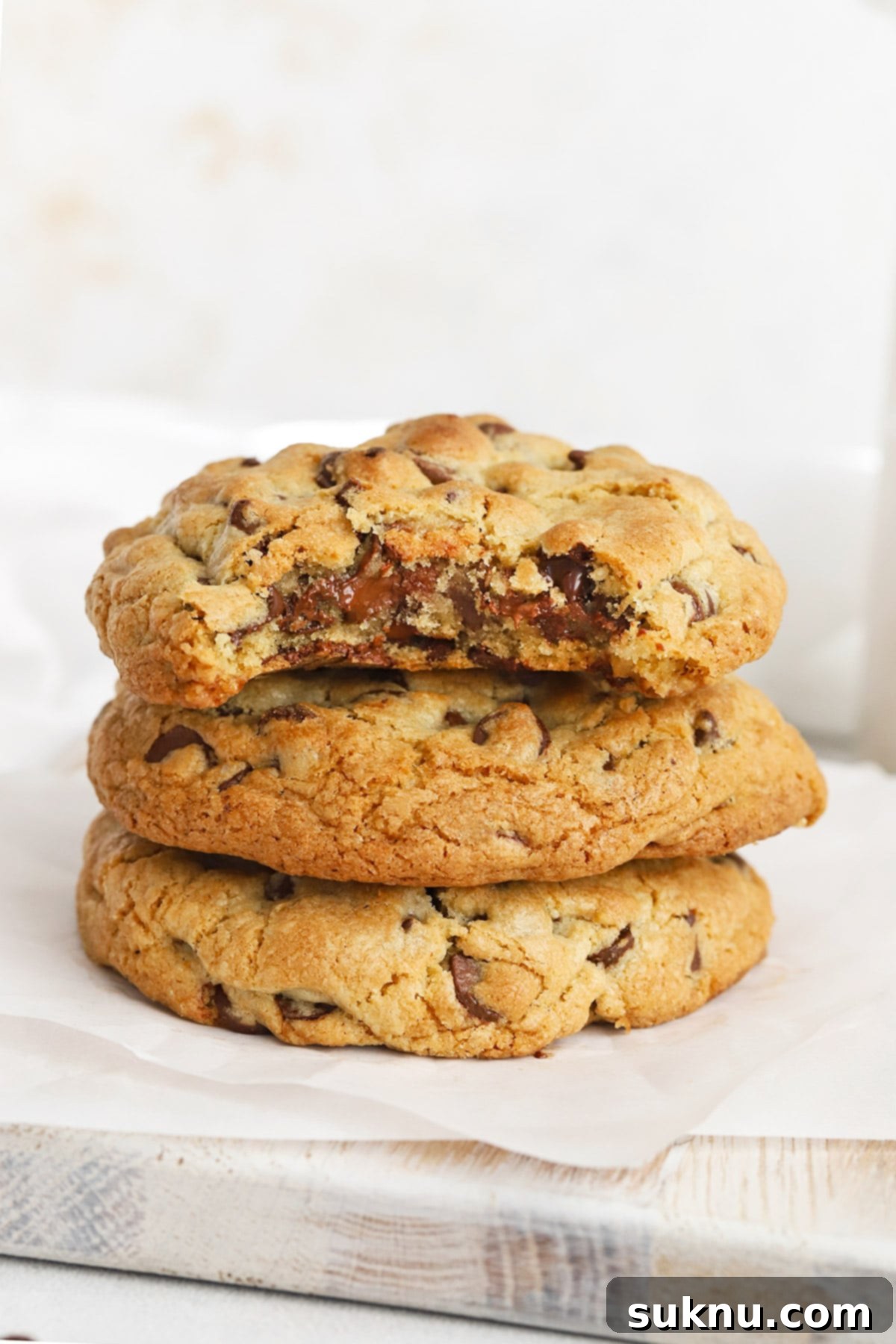 Decadent Gluten Free Levain Chocolate Chip Cookies 3 Front view of gluten-free Levain chocolate chip cookies stacked on top of each other, revealing a gooey middle