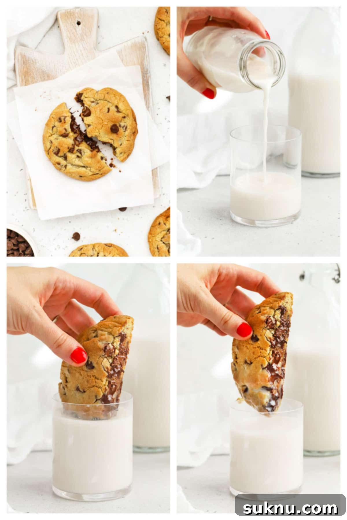 Decadent Gluten Free Levain Chocolate Chip Cookies 7 breaking a gluten-free levain cookie in half and dipping in a cup of milk