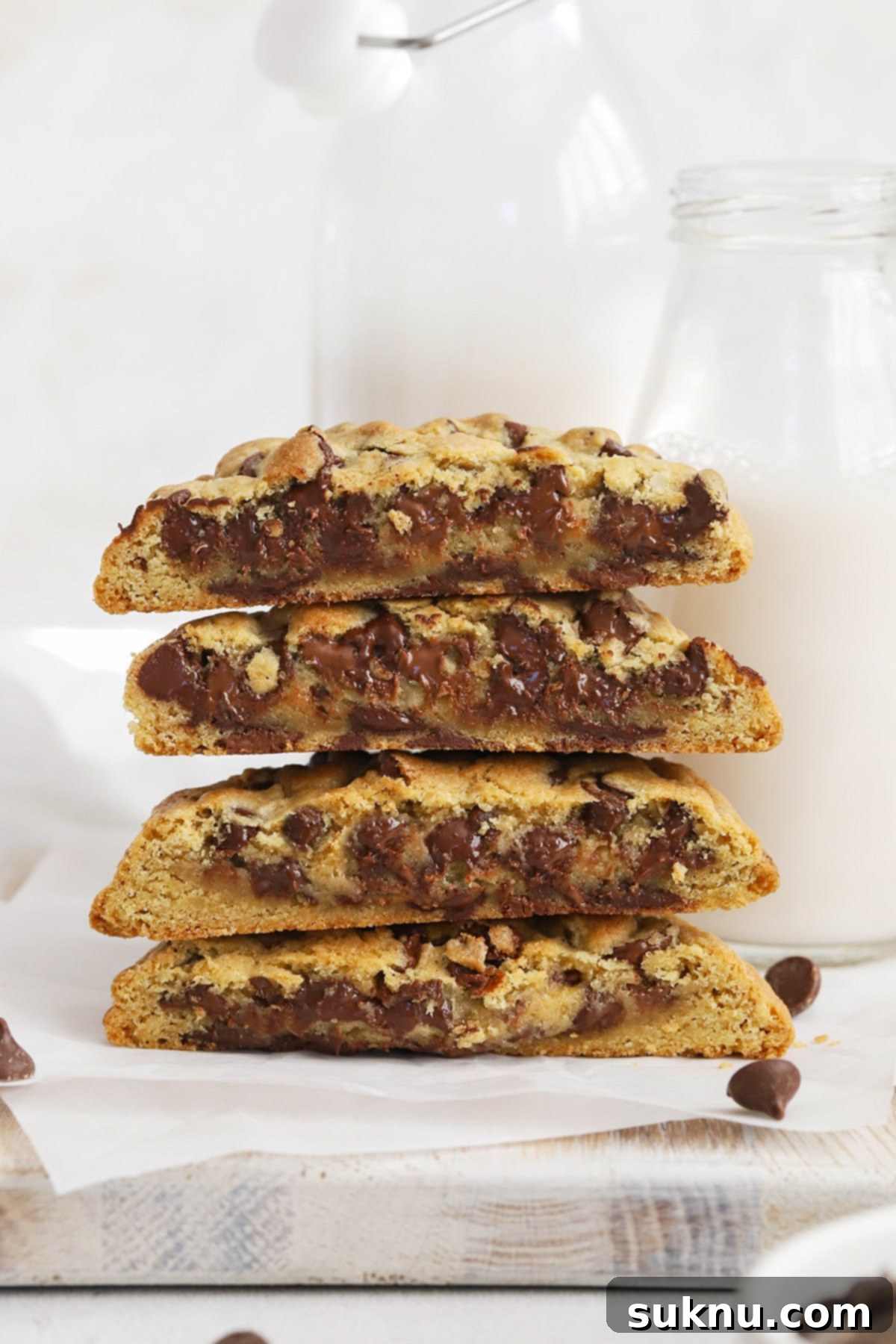 Decadent Gluten Free Levain Chocolate Chip Cookies 8 Front view of gluten-free Levain chocolate chip cookies stacked on top of each other, revealing a gooey middle