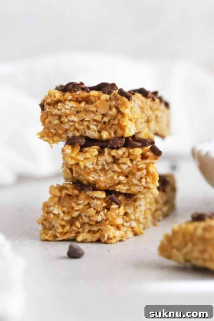 Front view of healthy peanut butter granola bars drizzled with chocolate