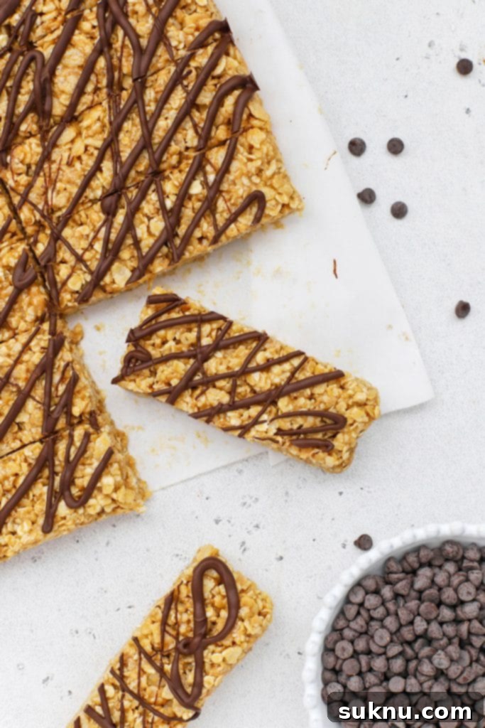 Overhead view of cut homemade peanut butter granola bars