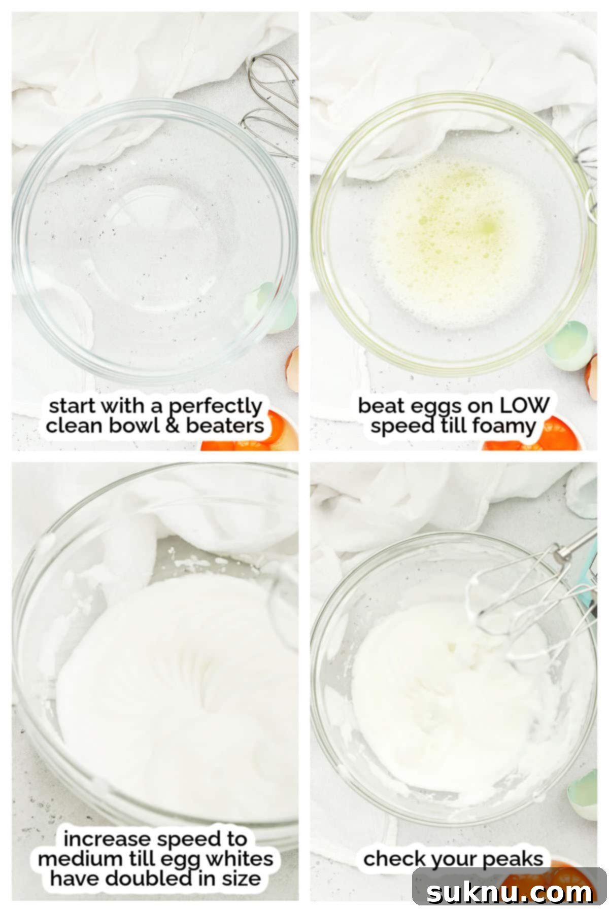 Mastering Whipped Egg Whites: Stiff and Soft Peak Techniques 5 Visual steps for whipping egg whites to stiff peaks