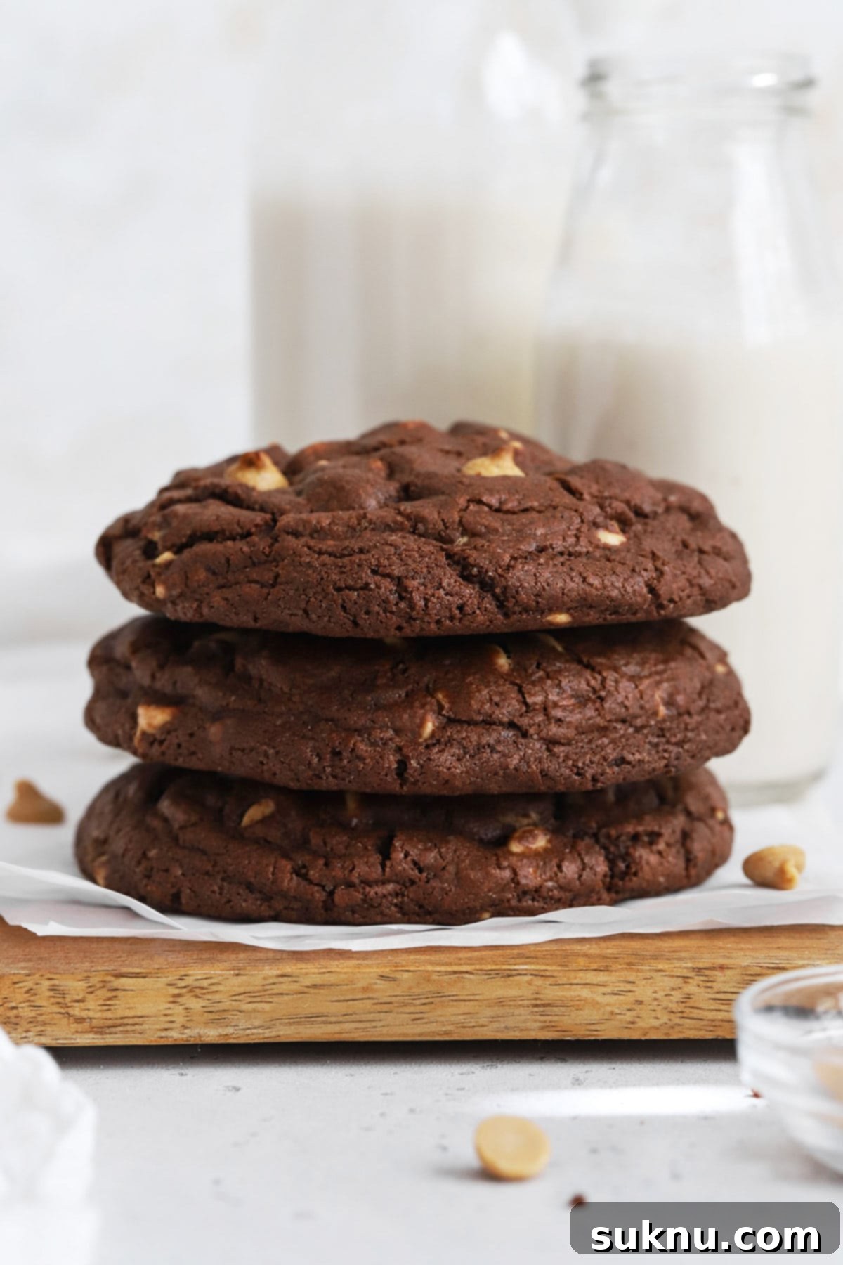 Front view of gluten-free Levain-style dark chocolate peanut butter chip cookies