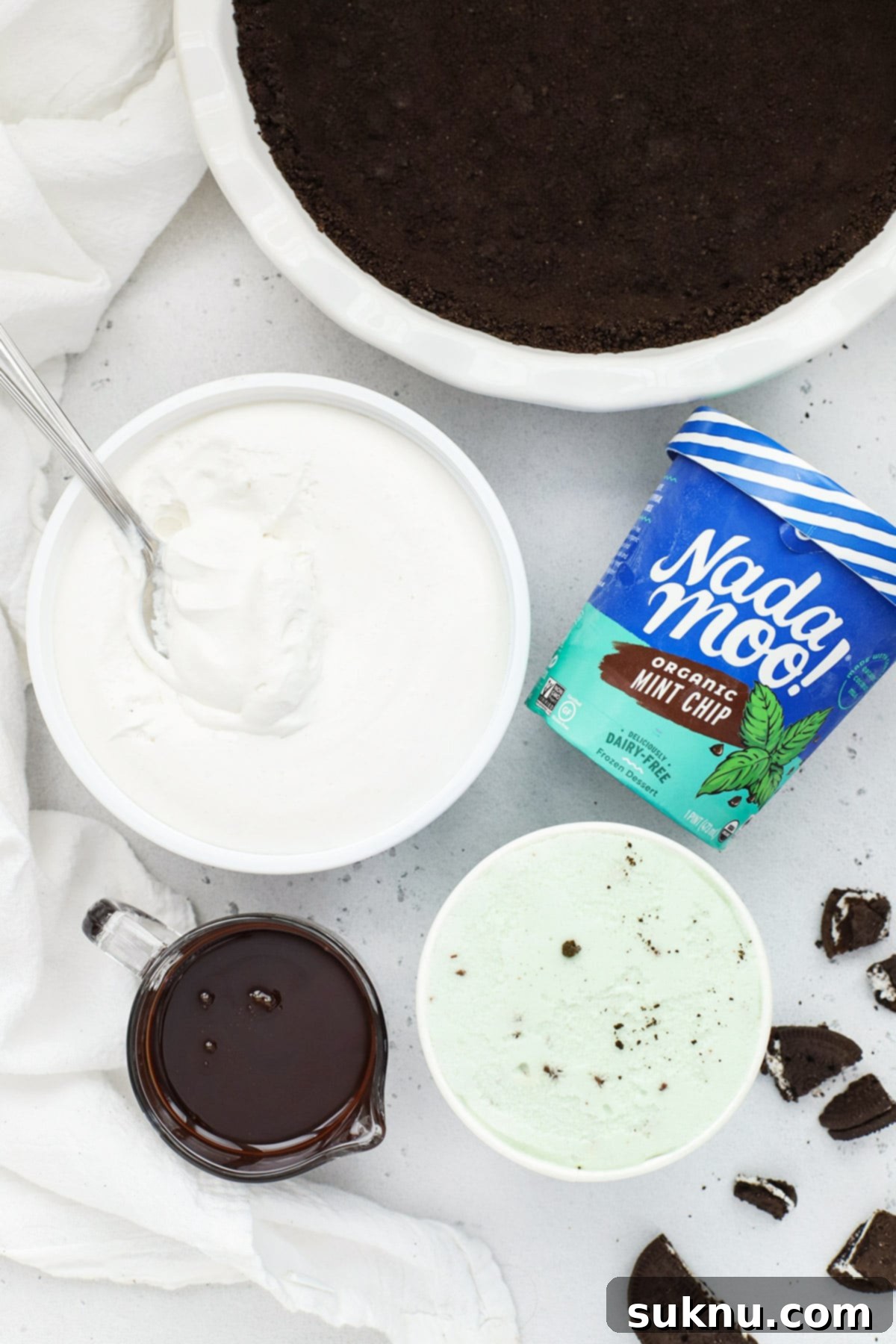 Overhead view of ingredients for gluten-free grasshopper ice cream pie