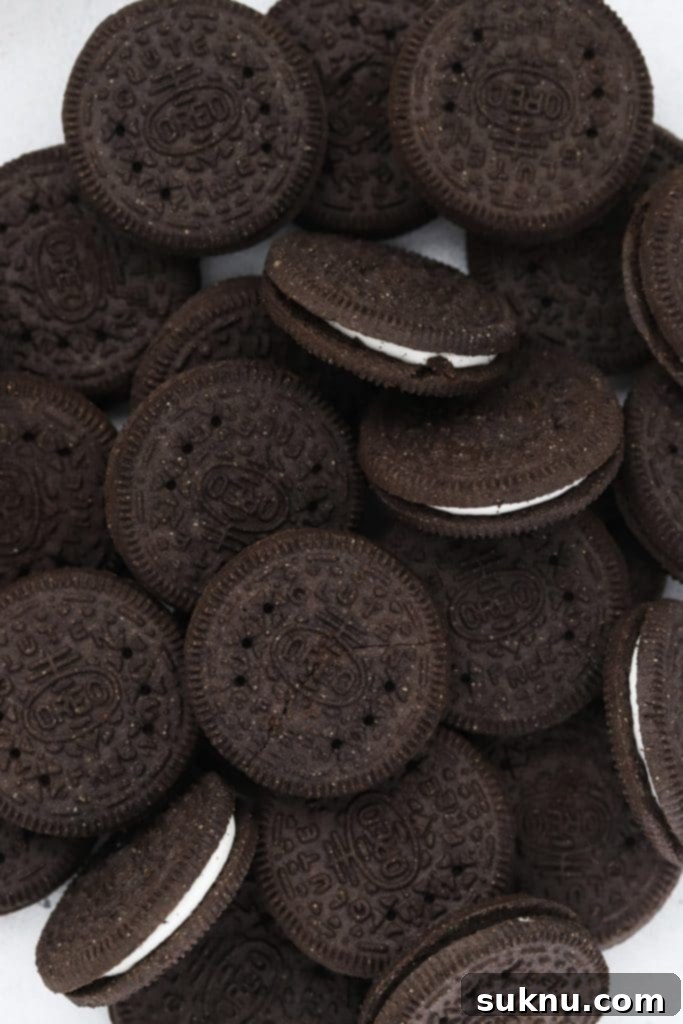 Close-up view of gluten-free Oreos, the star ingredient for the pie crust