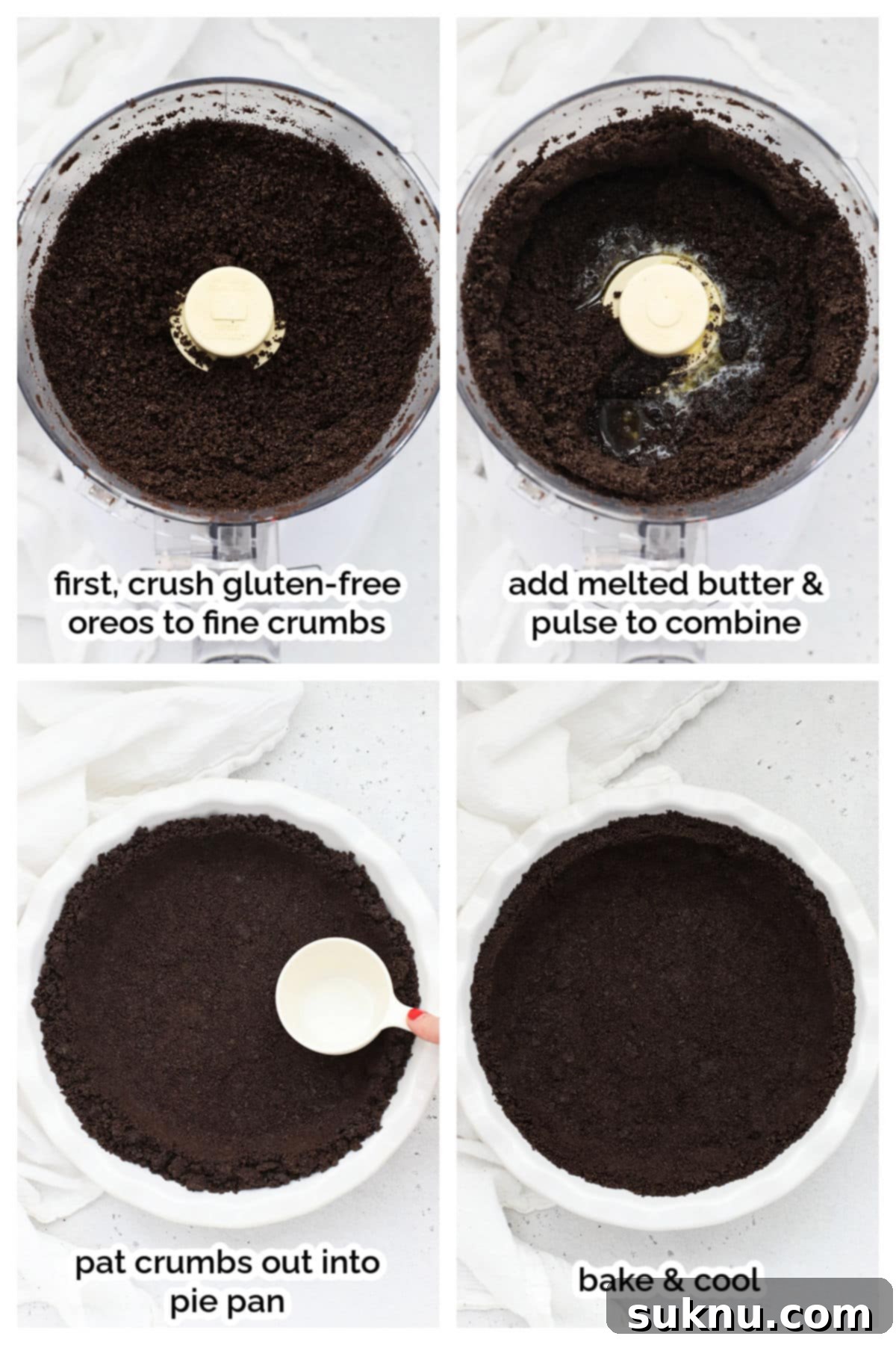 A visual guide showing each step of making gluten-free Oreo pie crust from crushing cookies to pressing it into a pan