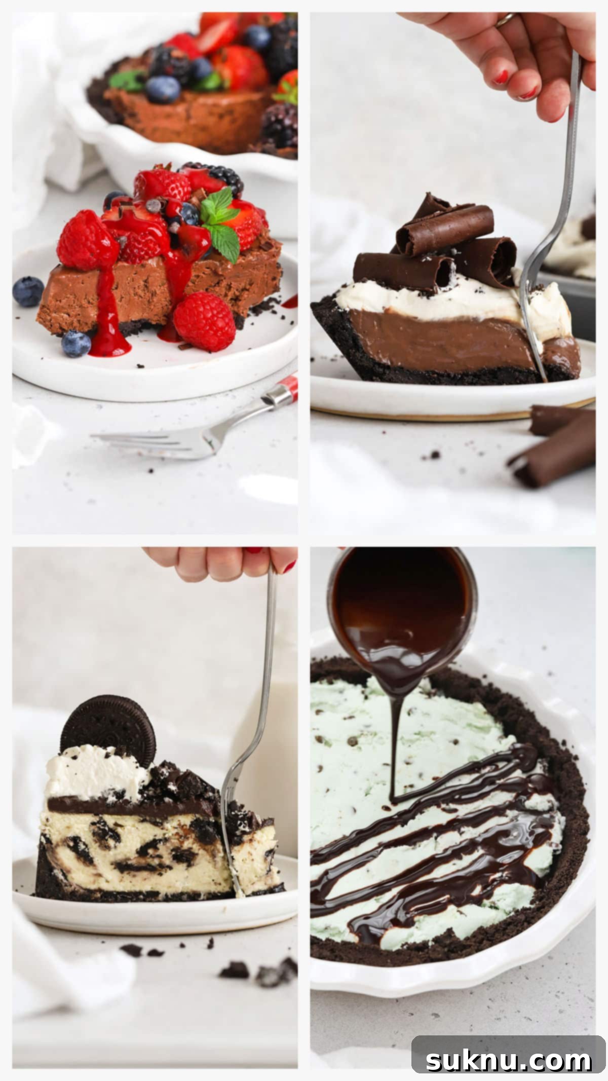A collage displaying four delicious ways to use gluten-free Oreo pie crust: chocolate cheesecake, chocolate pie, grasshopper ice cream pie, and a classic Oreo cheesecake