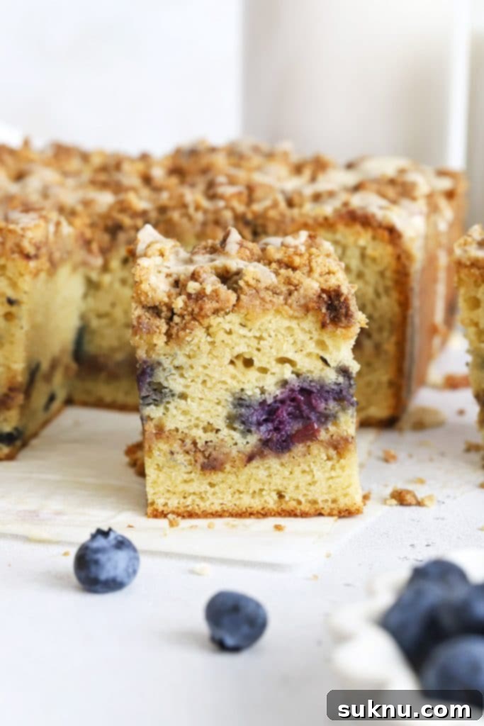 Front view of a slice of gluten-free blueberry coffee cake with cinnamon streusel & glaze, looking delectable