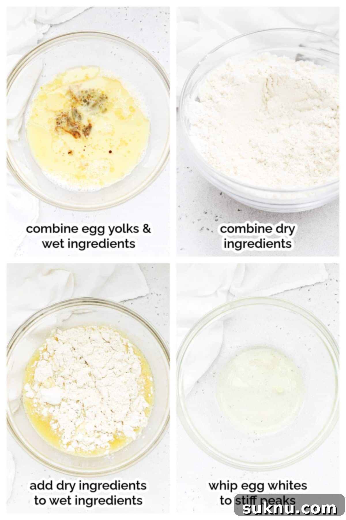 Step-by-step imagery showing the process of making gluten-free waffle batter, mixing ingredients
