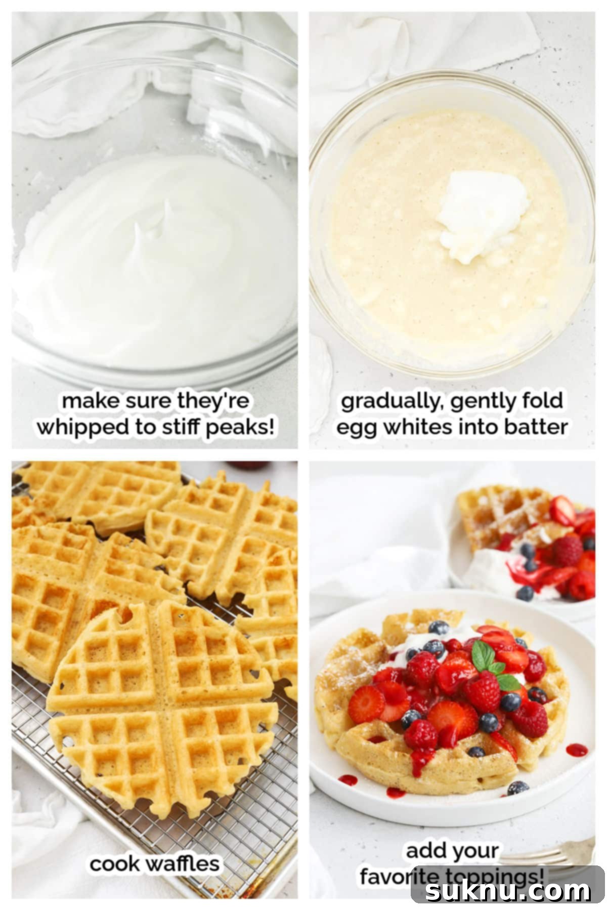 Close-up shot showing the light and airy batter for gluten-free Belgian waffles, after egg whites have been folded in