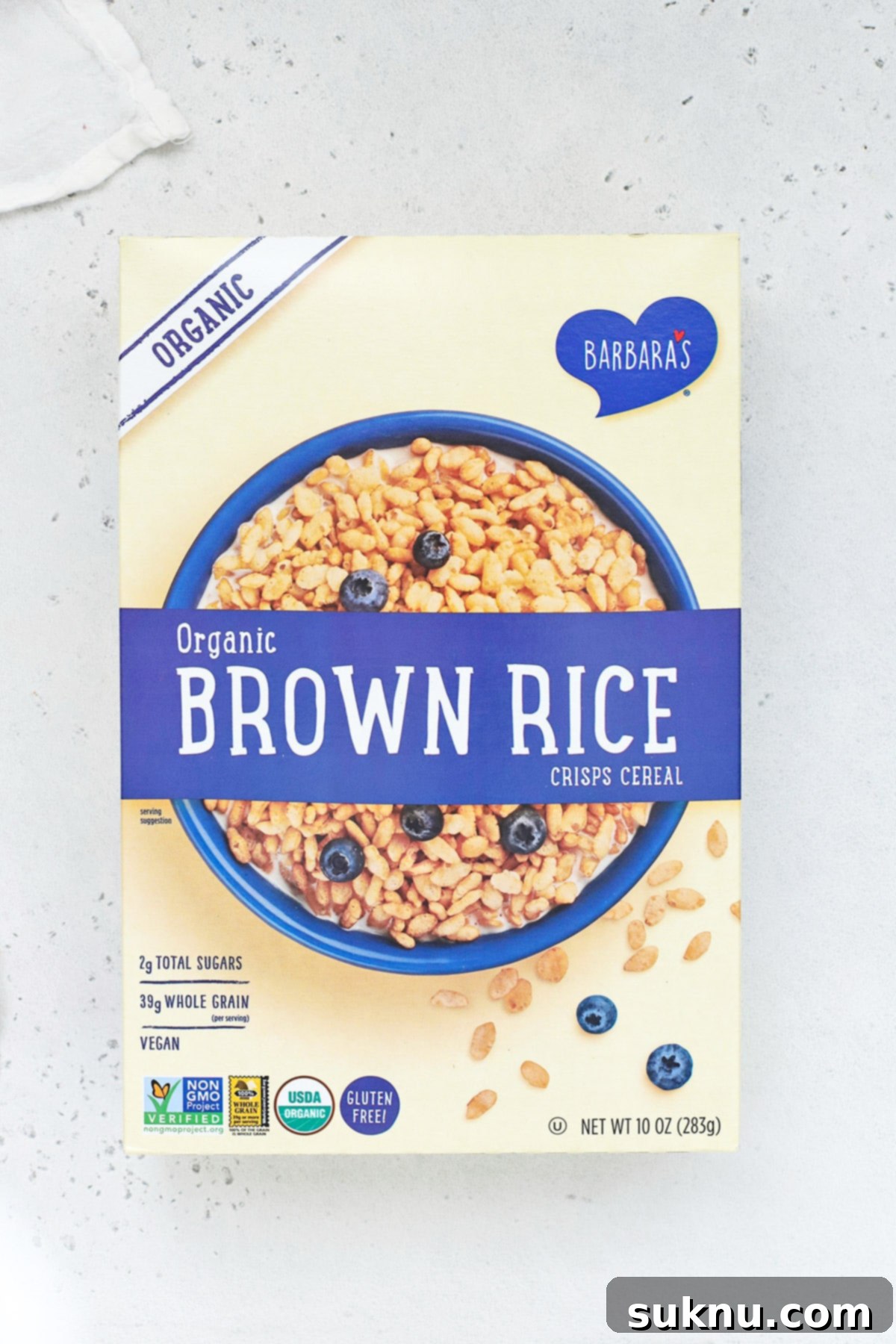 Overhead view of Barbara's gluten-free crisp rice cereal