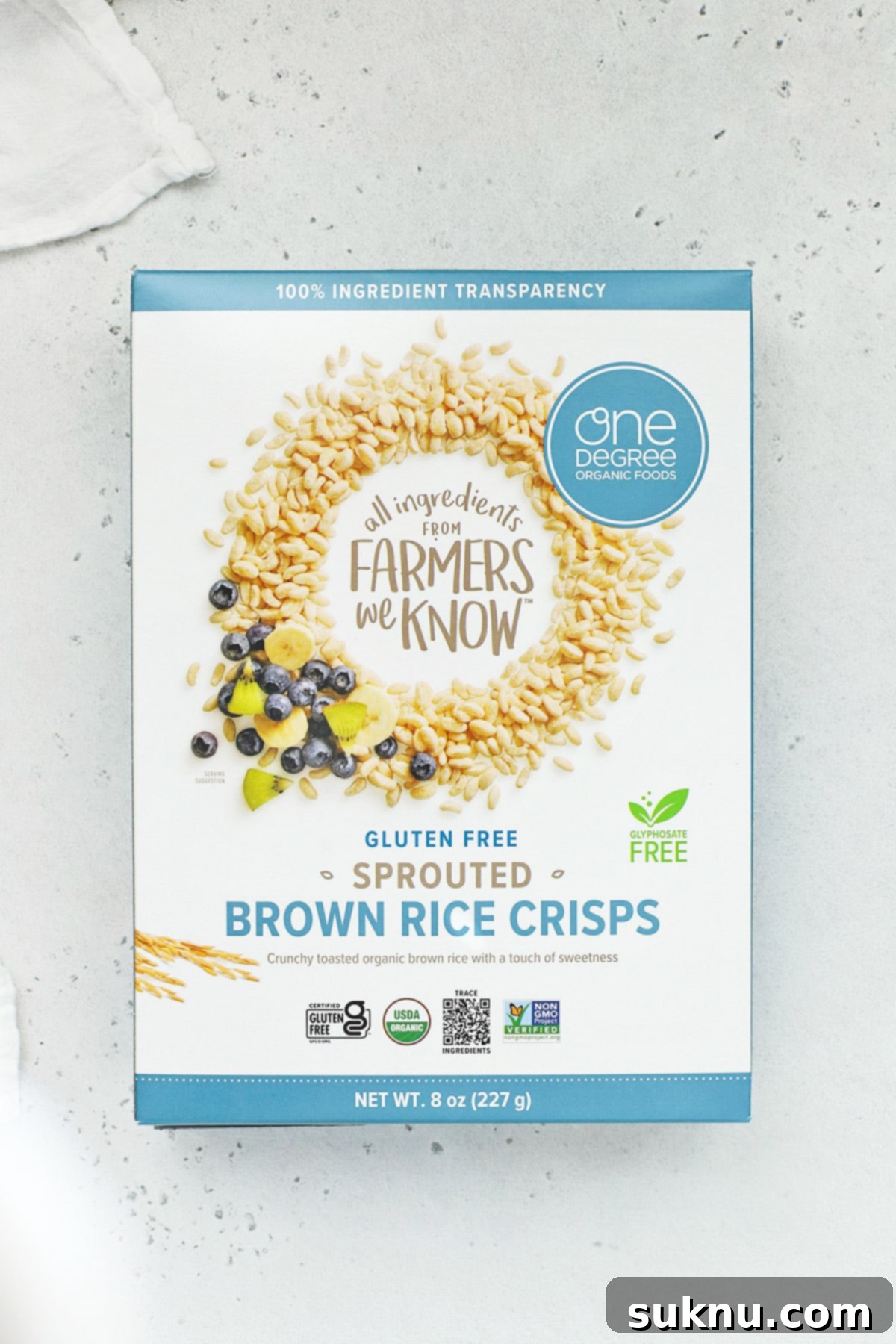 Overhead view of one degree gluten-free crisp rice cereal