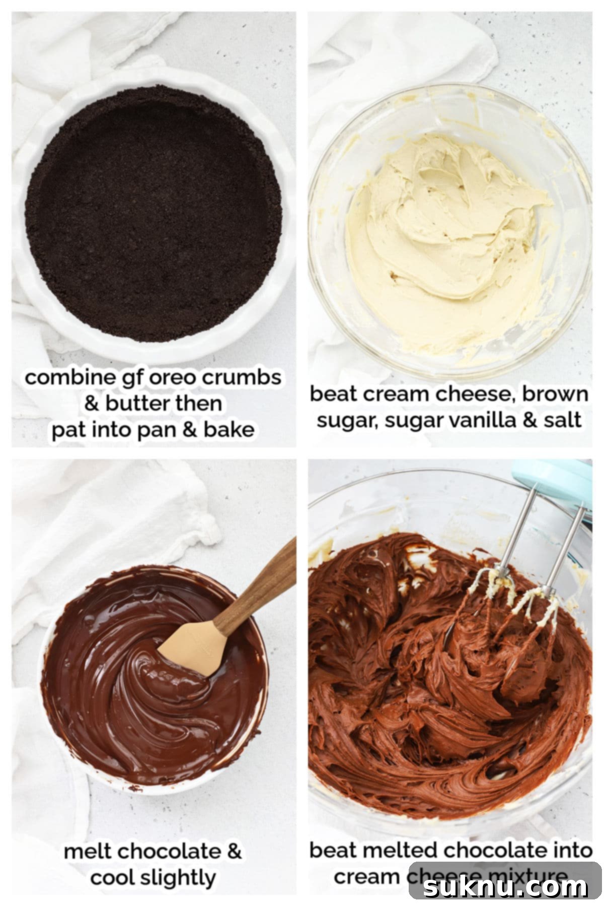 Making no-bake gluten-free chocolate cheesecake pie step by step: process of mixing ingredients