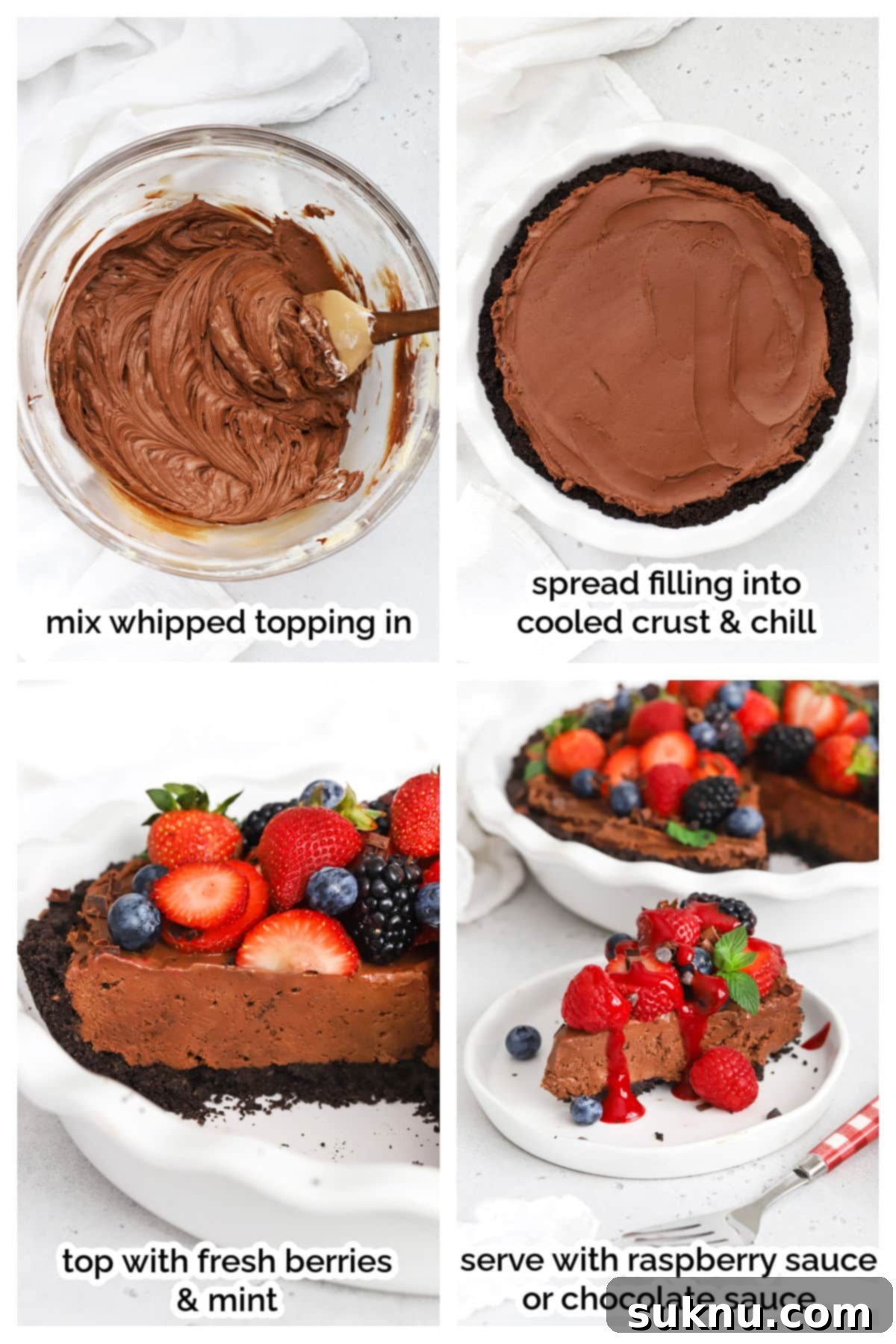 Making no-bake gluten-free chocolate cheesecake pie step by step: pouring filling into the crust
