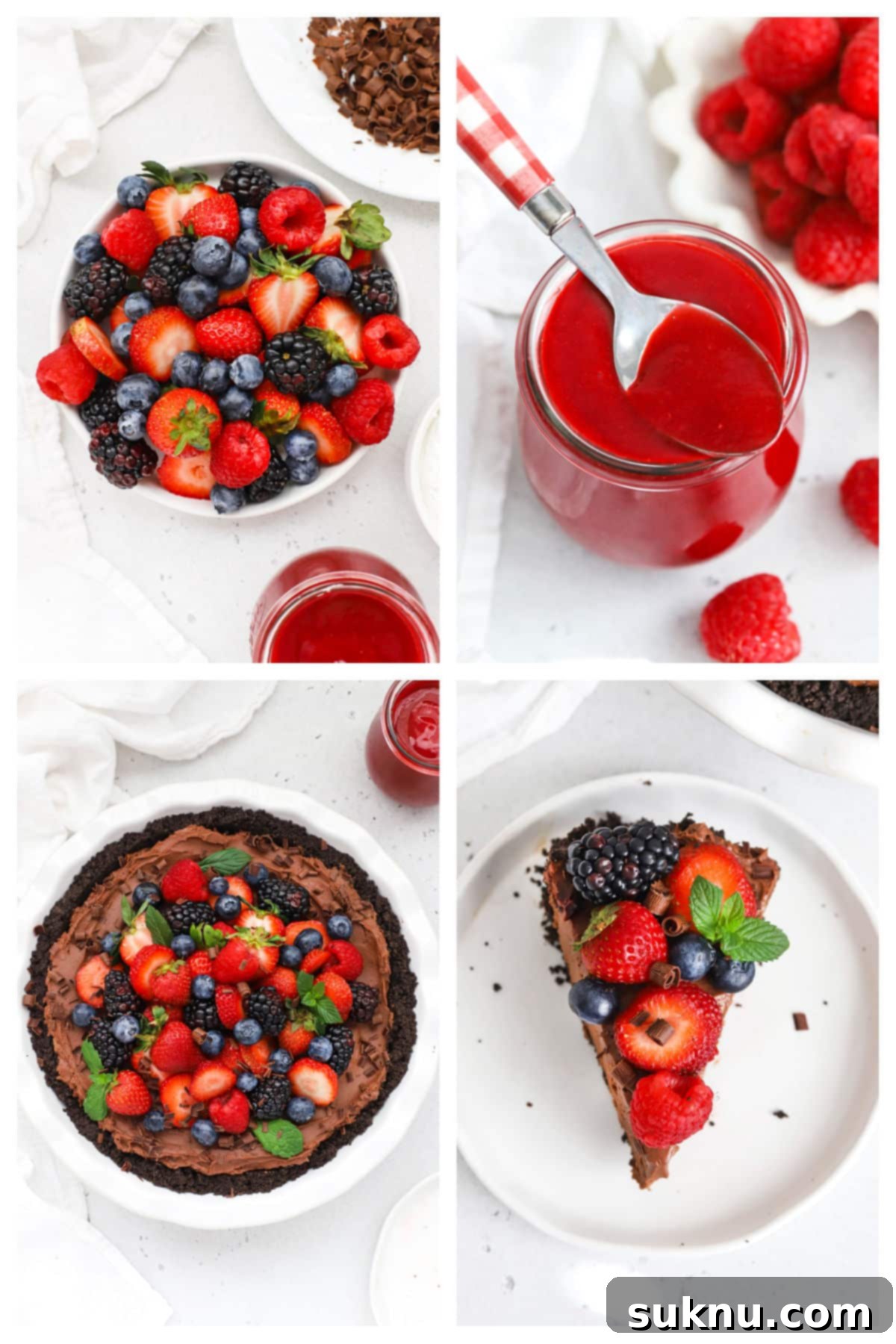 Decorating gluten-free chocolate cheesecake with fresh berries, fresh mint, and raspberry coulis