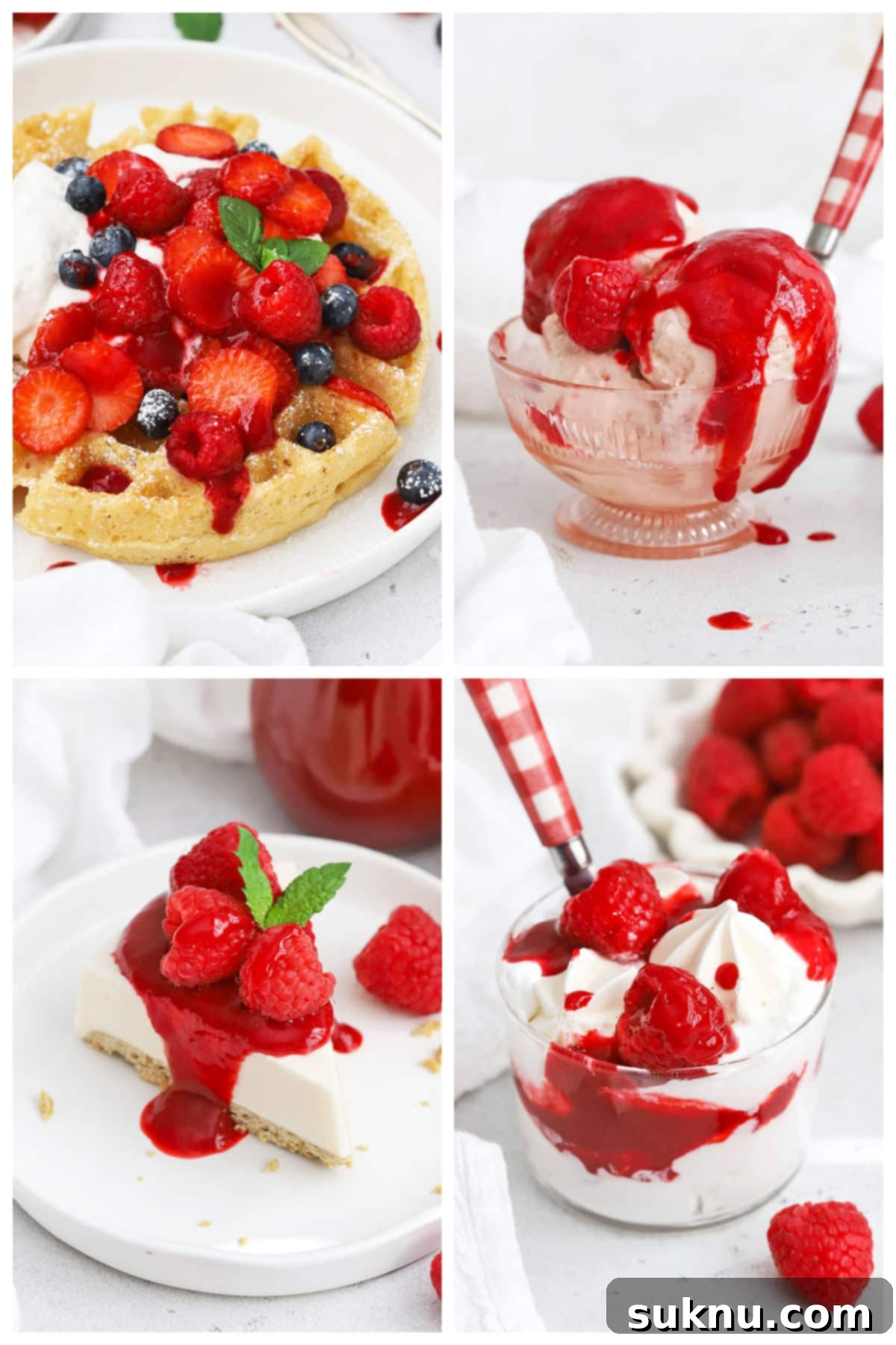 Vibrant Raspberry Coulis 5 homemade raspberry sauce on waffles, ice cream, Eton mess, and cheesecake