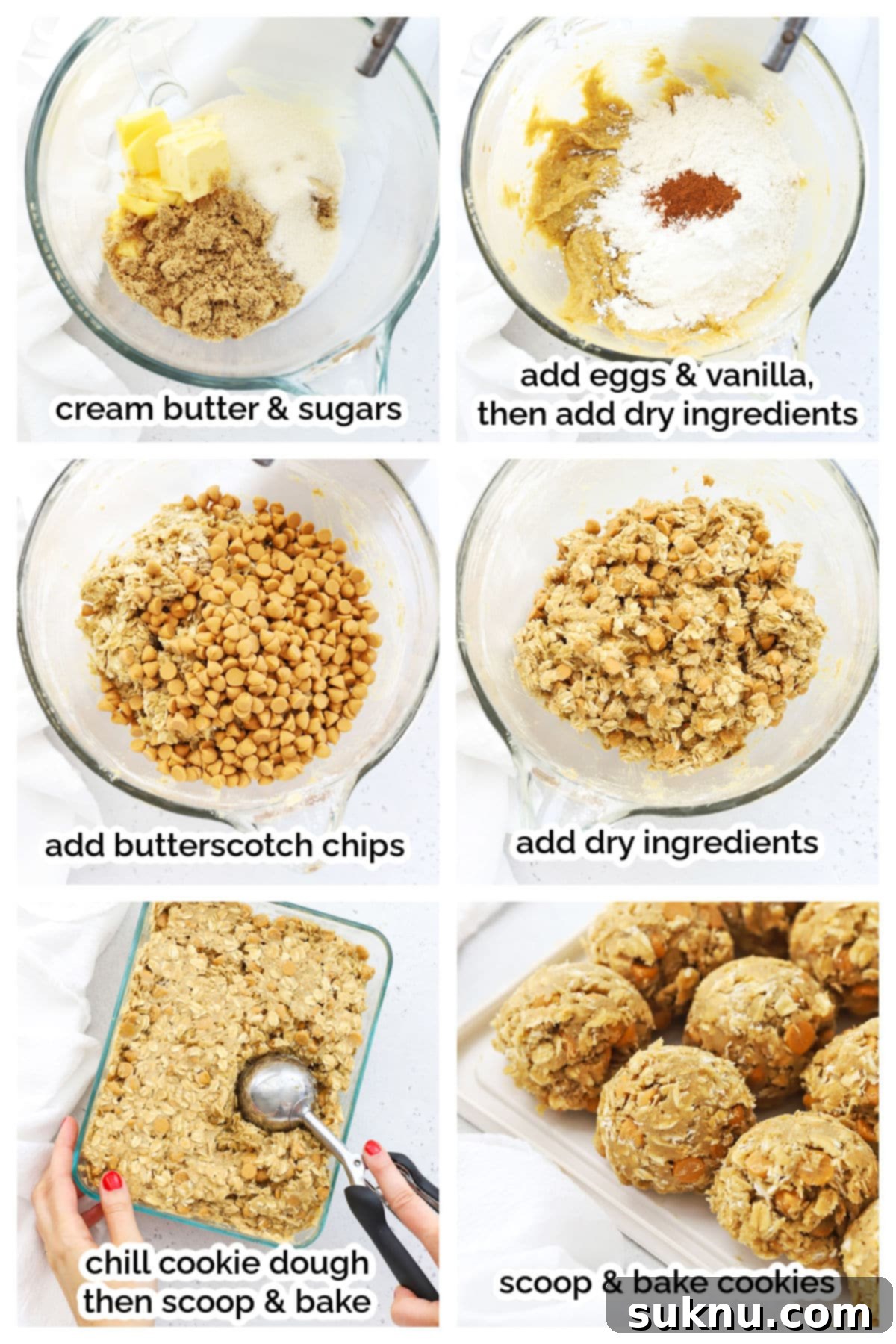 Step-by-step process of making gluten-free oatmeal scotchies, showing dough preparation and baking.