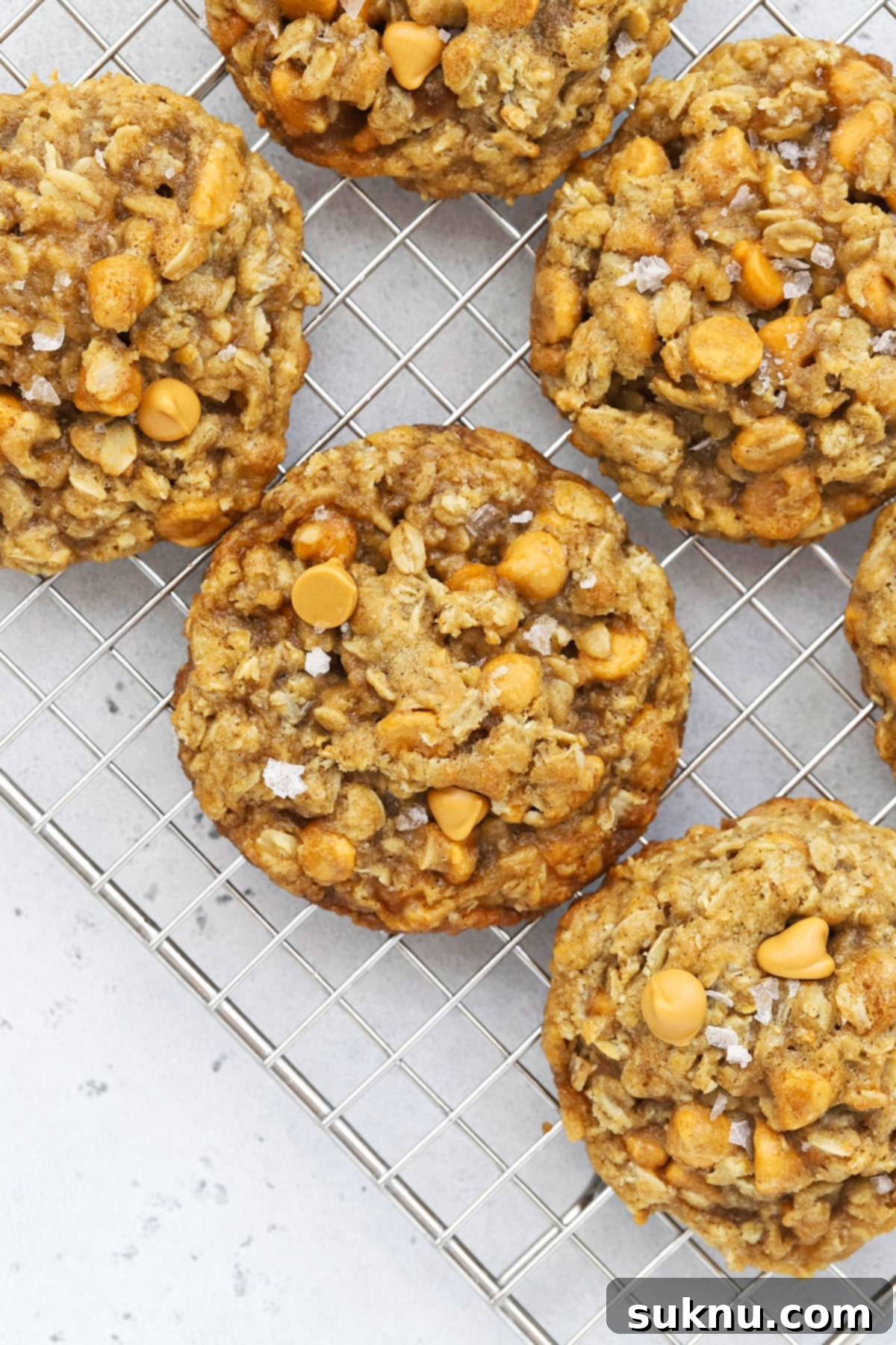 Close-up of golden brown gluten-free oatmeal butterscotch cookies, garnished with flaky sea salt.