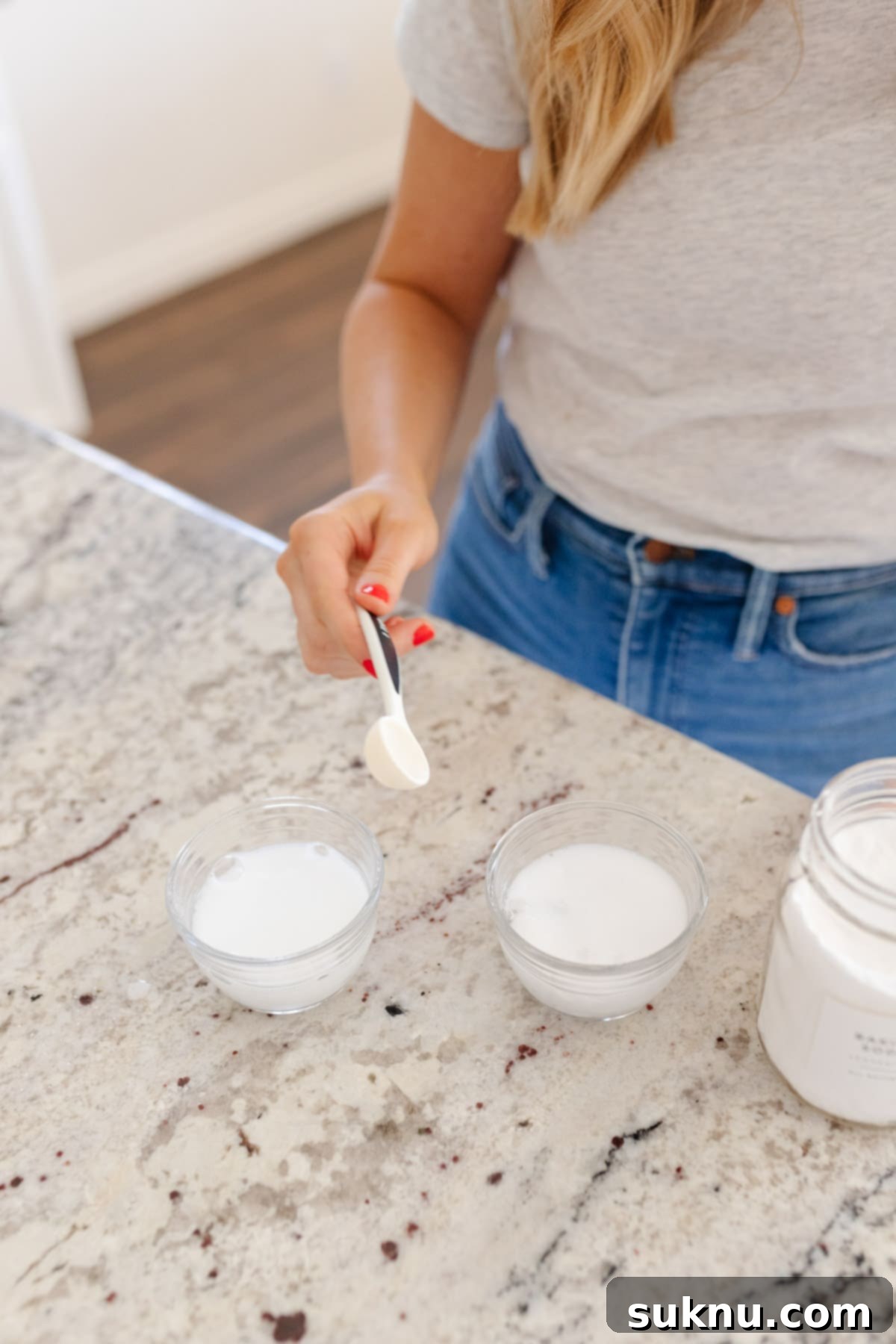 Are Your Baking Powder and Soda Still Potent 10 Emily Dixon from Sweets & Thank You demonstrating the freshness tests for baking powder and baking soda.