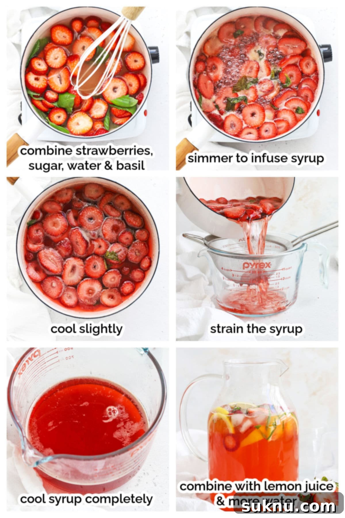 Strawberry Basil Bliss Lemonade 4 Step-by-step photos illustrating the process of making strawberry basil lemonade, from simmering the syrup to combining ingredients in a pitcher.