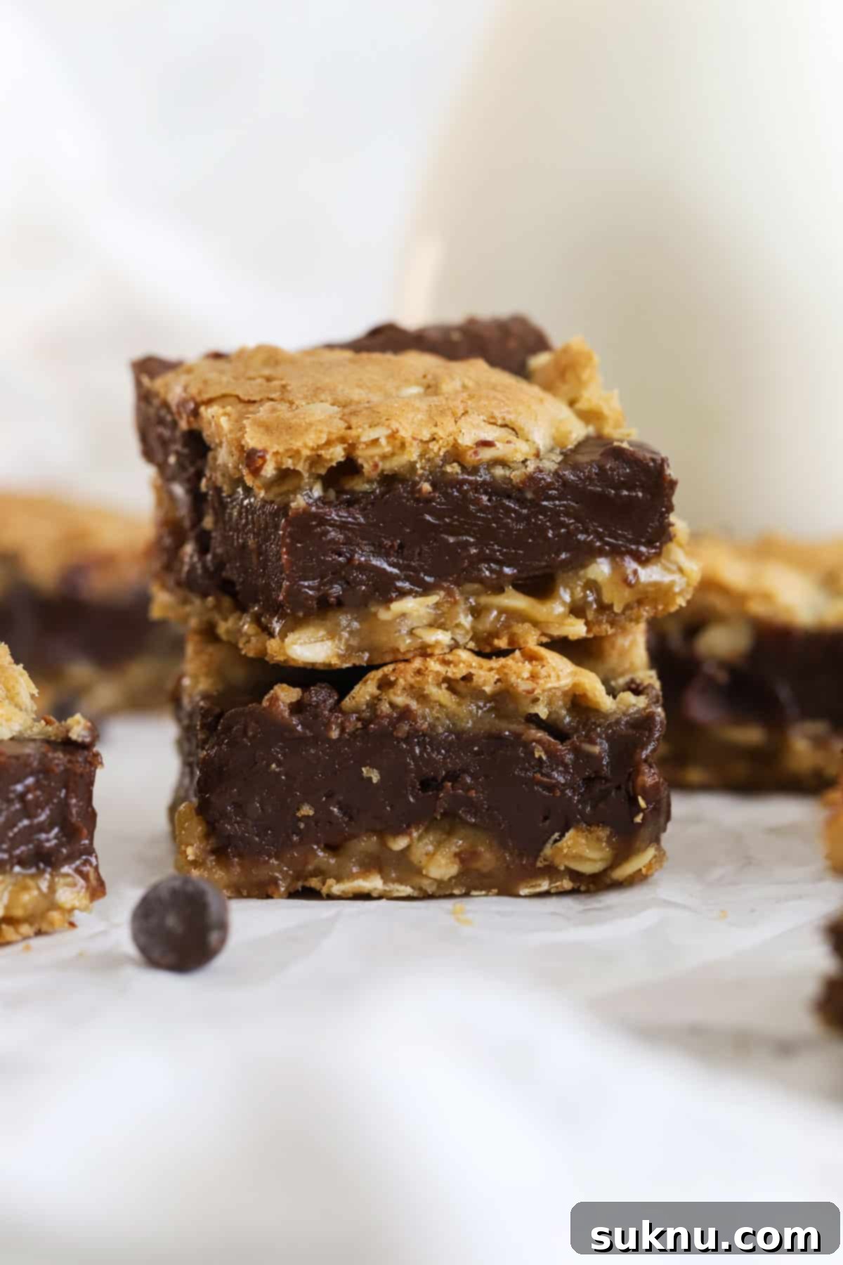 Decadent Gluten-Free Oatmeal Fudge Bars 2 Stacked gluten-free oatmeal fudge cookie bars next to a bottle of milk