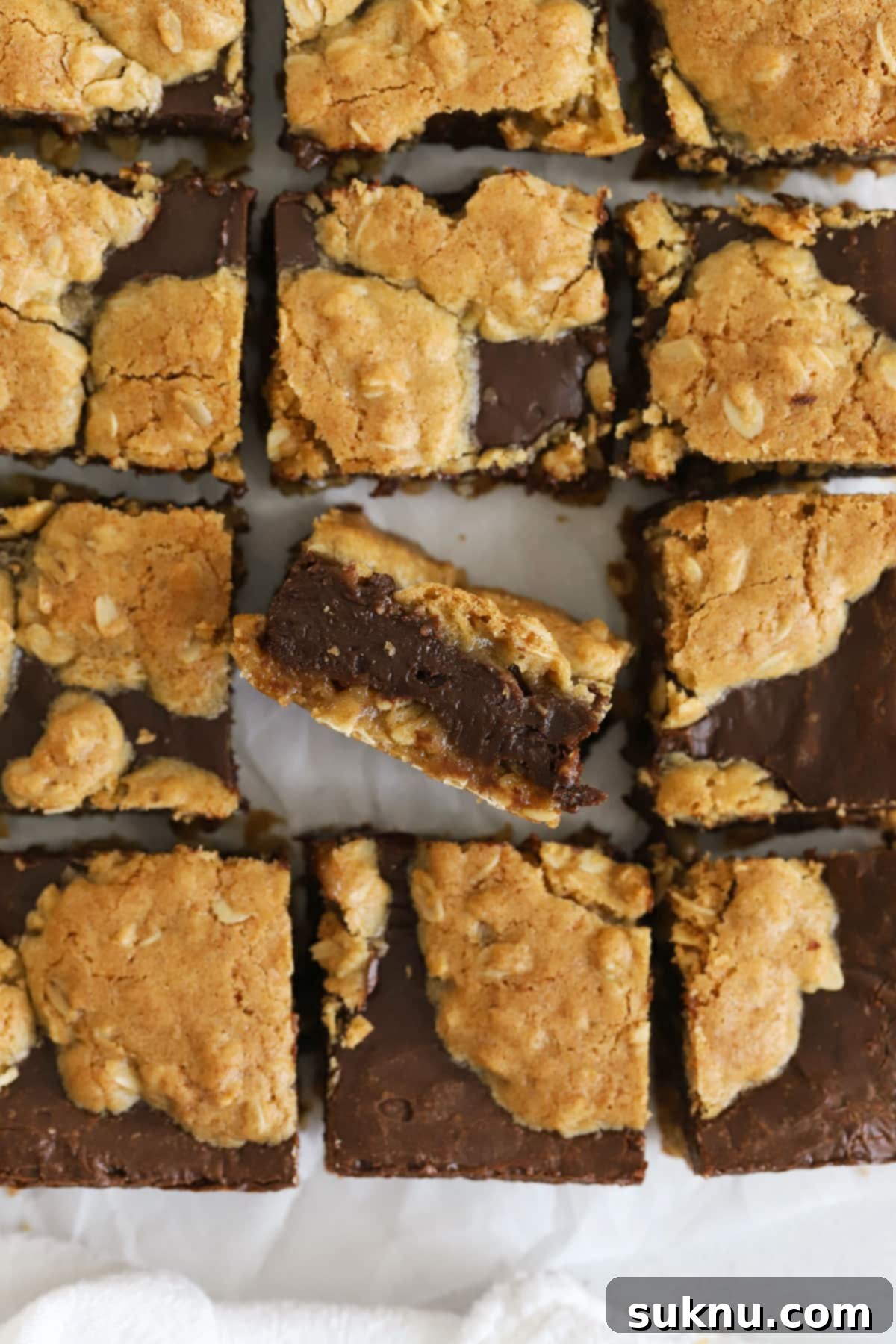 Decadent Gluten-Free Oatmeal Fudge Bars 5 Gluten-free oatmeal fudge bars cut into perfect squares