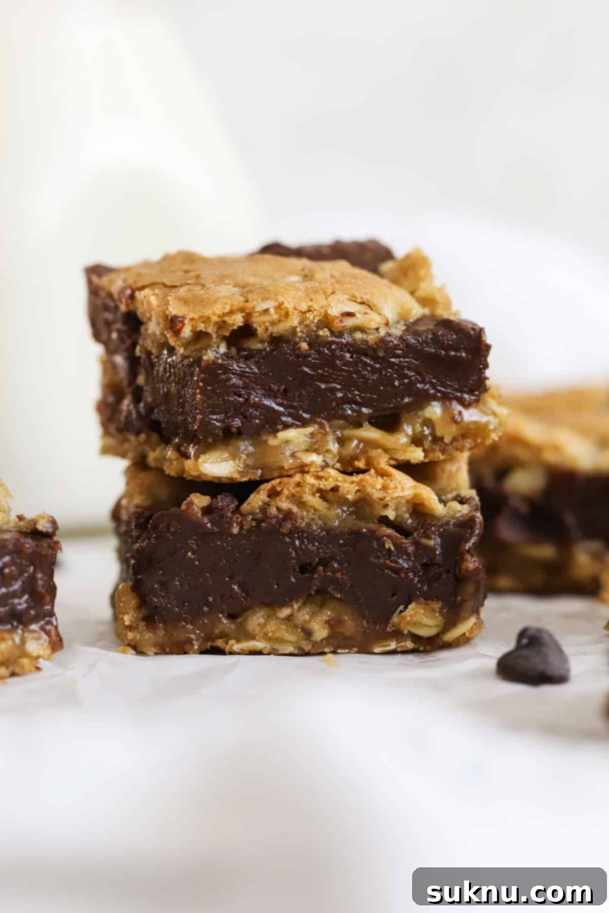 Decadent Gluten-Free Oatmeal Fudge Bars 7 Gluten-free oatmeal fudge cookie bars stacked by a bottle of milk