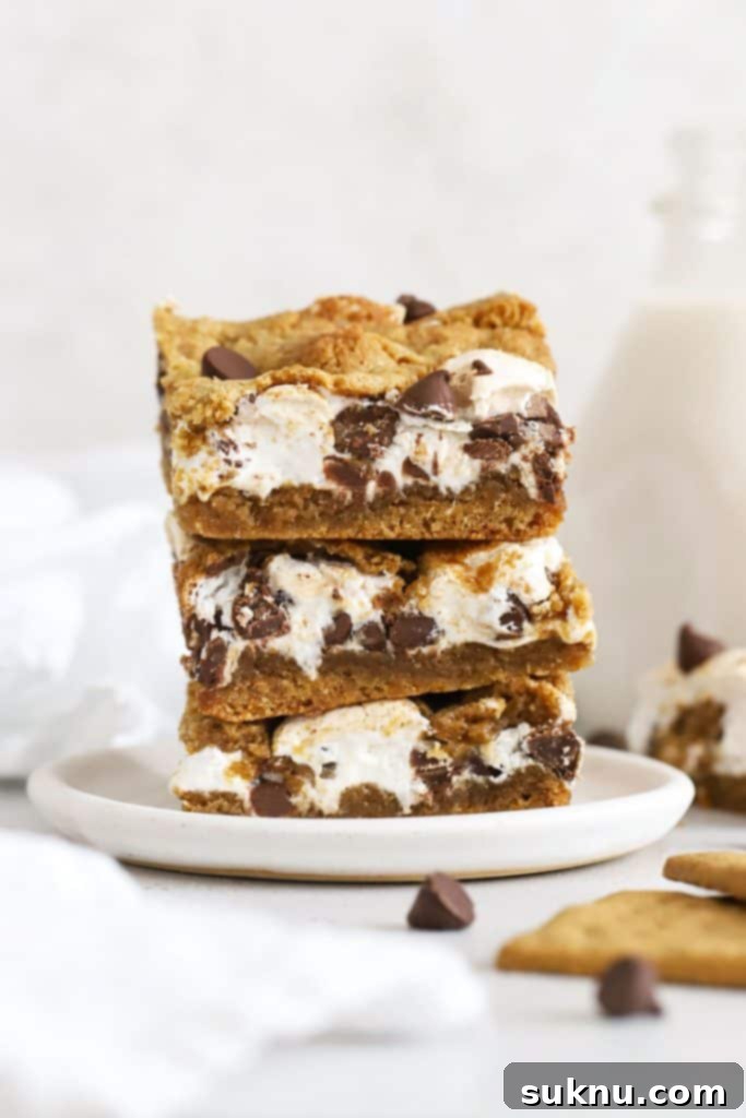 Decadent Gluten-Free Oatmeal Fudge Bars 10 Gluten-free s'mores bars stacked on a plate