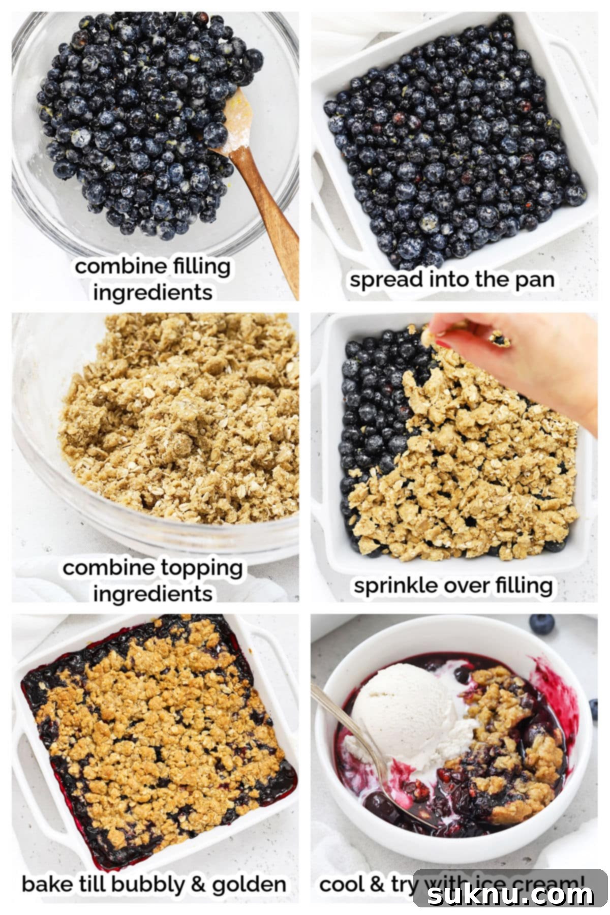 Step-by-step photos showing the process of making a gluten-free blueberry crisp, from mixing ingredients to assembling in a baking dish.