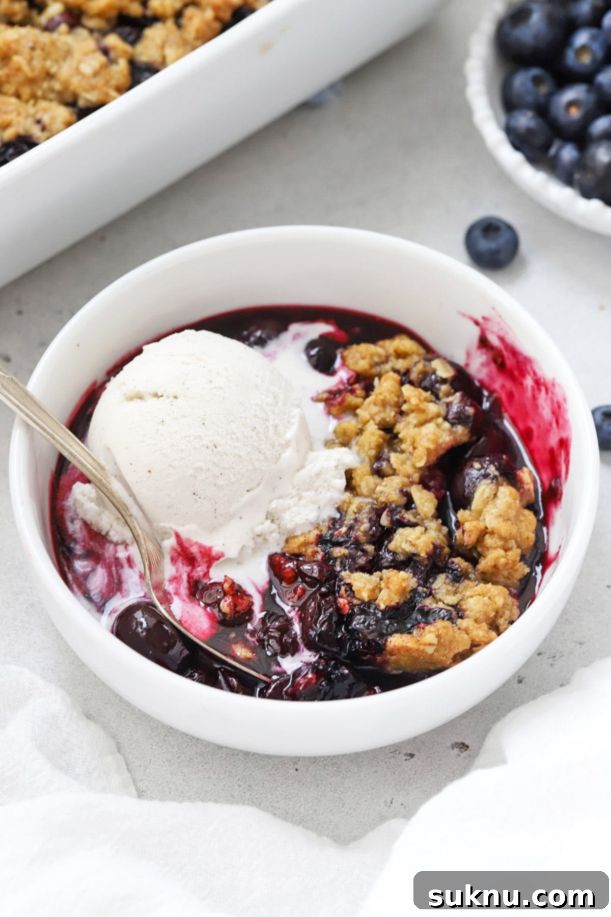 A beautiful front view of a gluten-free blueberry crisp, adorned with a scoop of melting vanilla ice cream, showcasing its irresistible appeal.