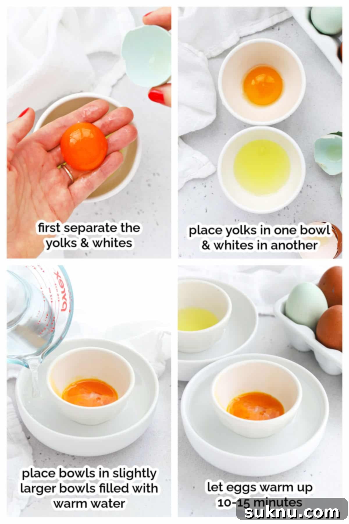 Unlock Room Temperature Eggs in Minutes 6 Bringing separated egg yolks and whites to room temperature with a gentle water bath for delicate recipes.