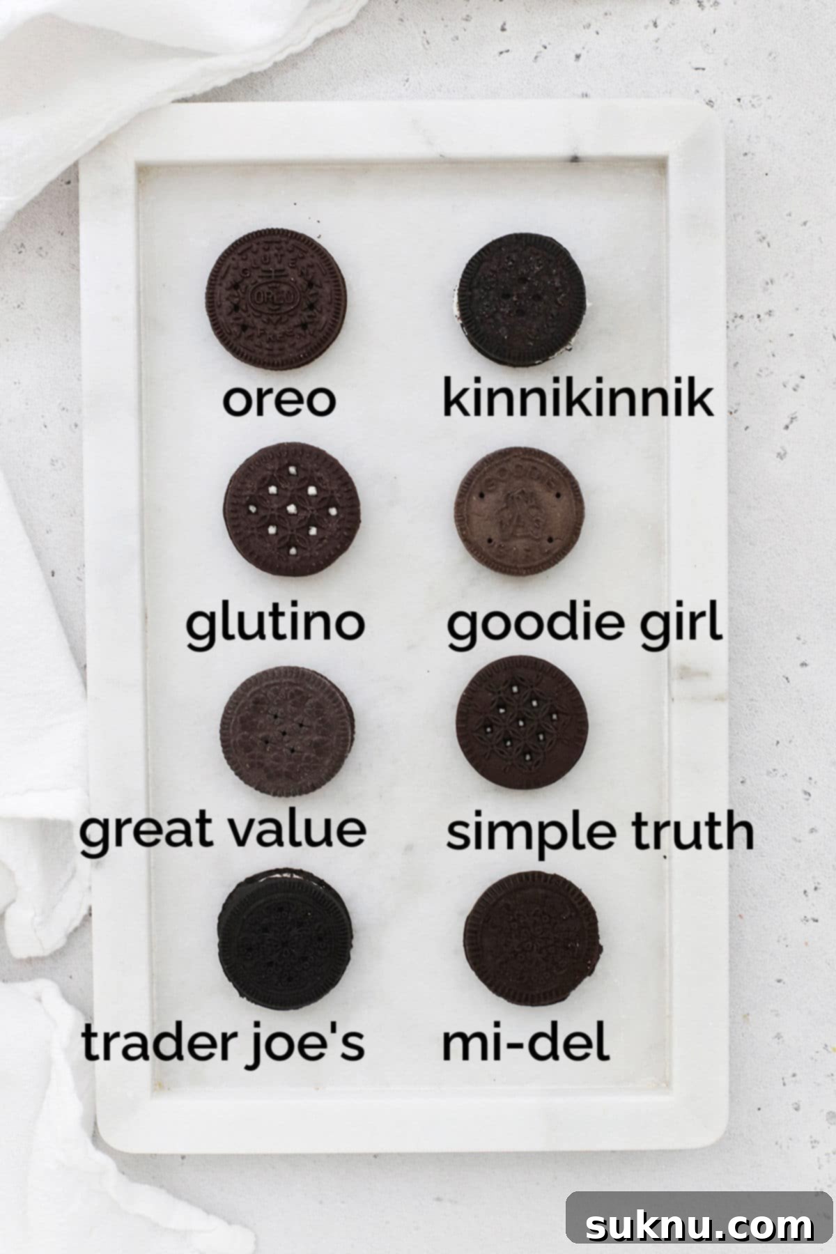An overhead view showcasing all 8 types of gluten-free chocolate sandwich cookies, each labeled with its brand for easy identification.