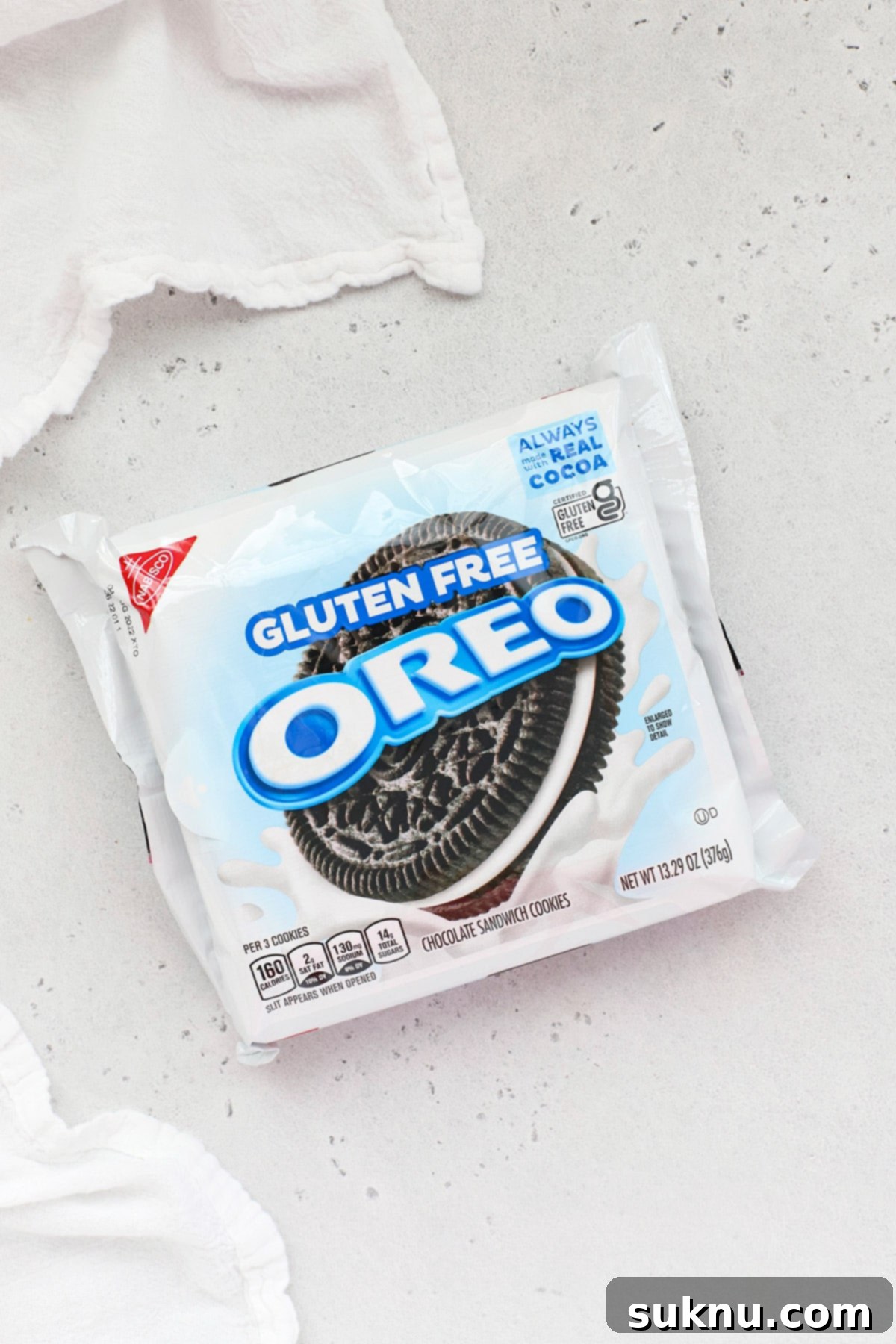 Oreo brand gluten-free chocolate sandwich cookies, displayed neatly for review.