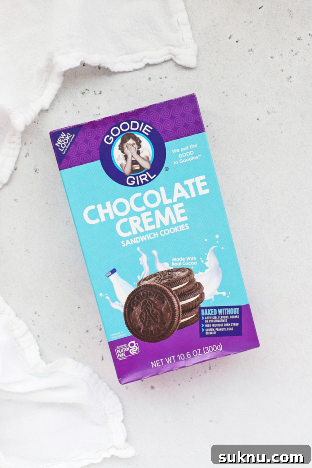 Goodie Girl Chocolate Creme gluten-free chocolate sandwich cookies with vibrant packaging.
