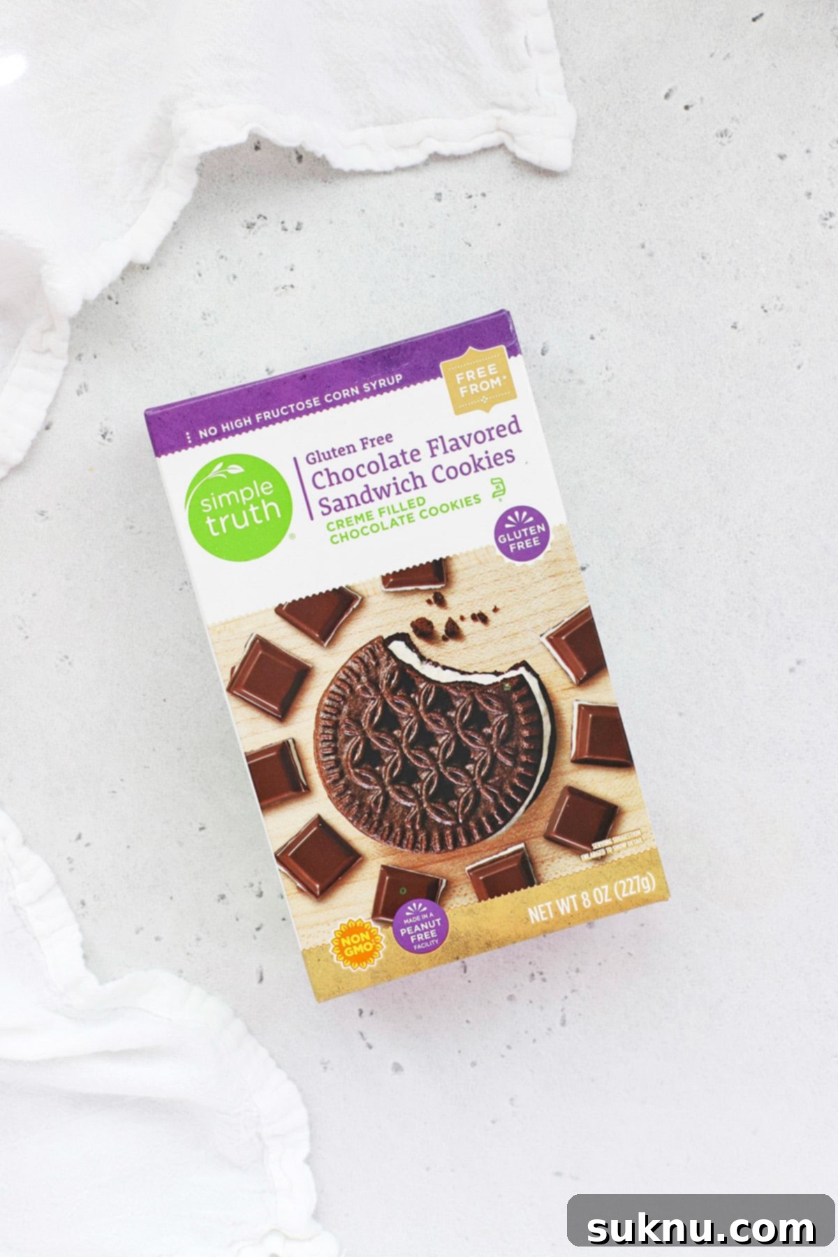 Simple Truth gluten-free chocolate sandwich cookies, showing their natural ingredients focus.