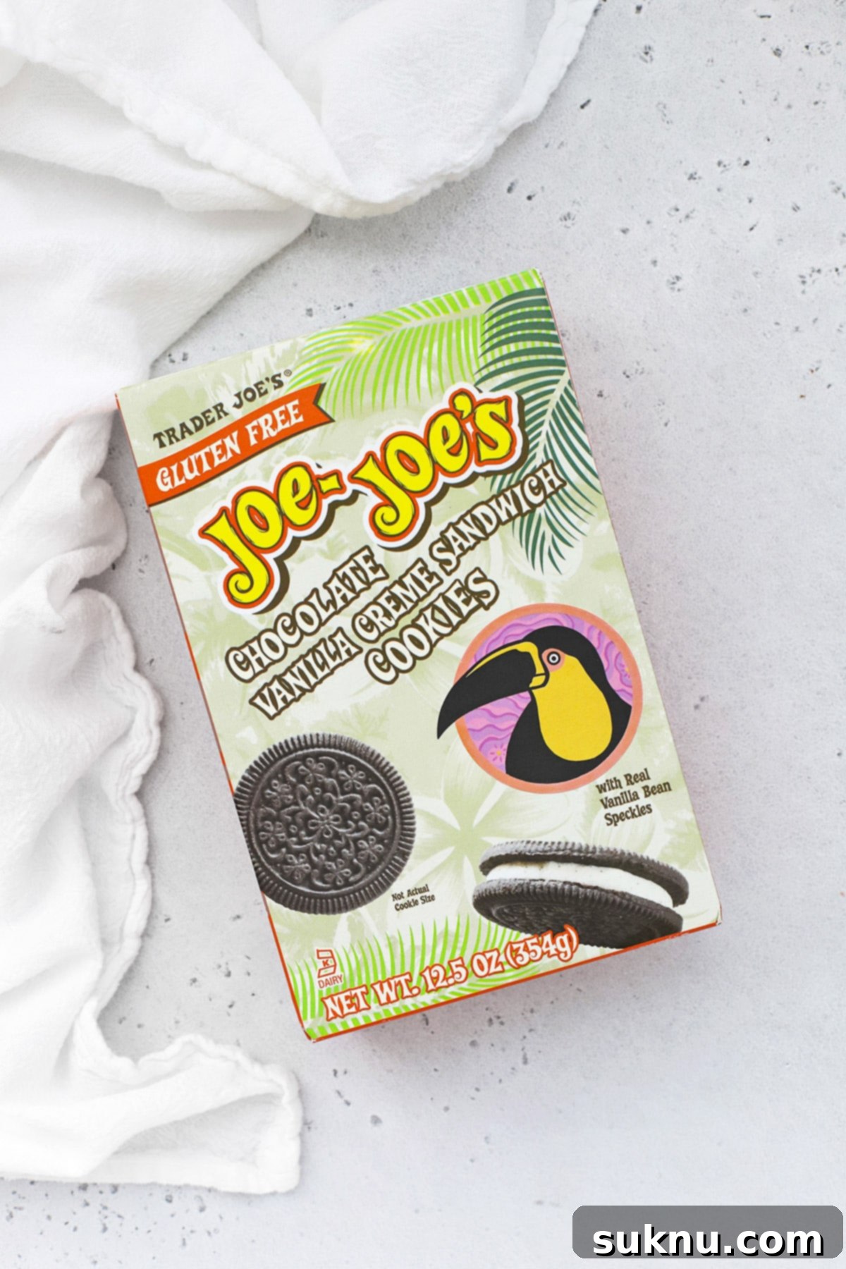 Overhead view of a box of Trader Joe's gluten-free Joe-Joe's chocolate sandwich cookies, a popular store brand.