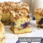 Front view of a slice of gluten-free blueberry coffee cake with cinnamon streusel & glaze