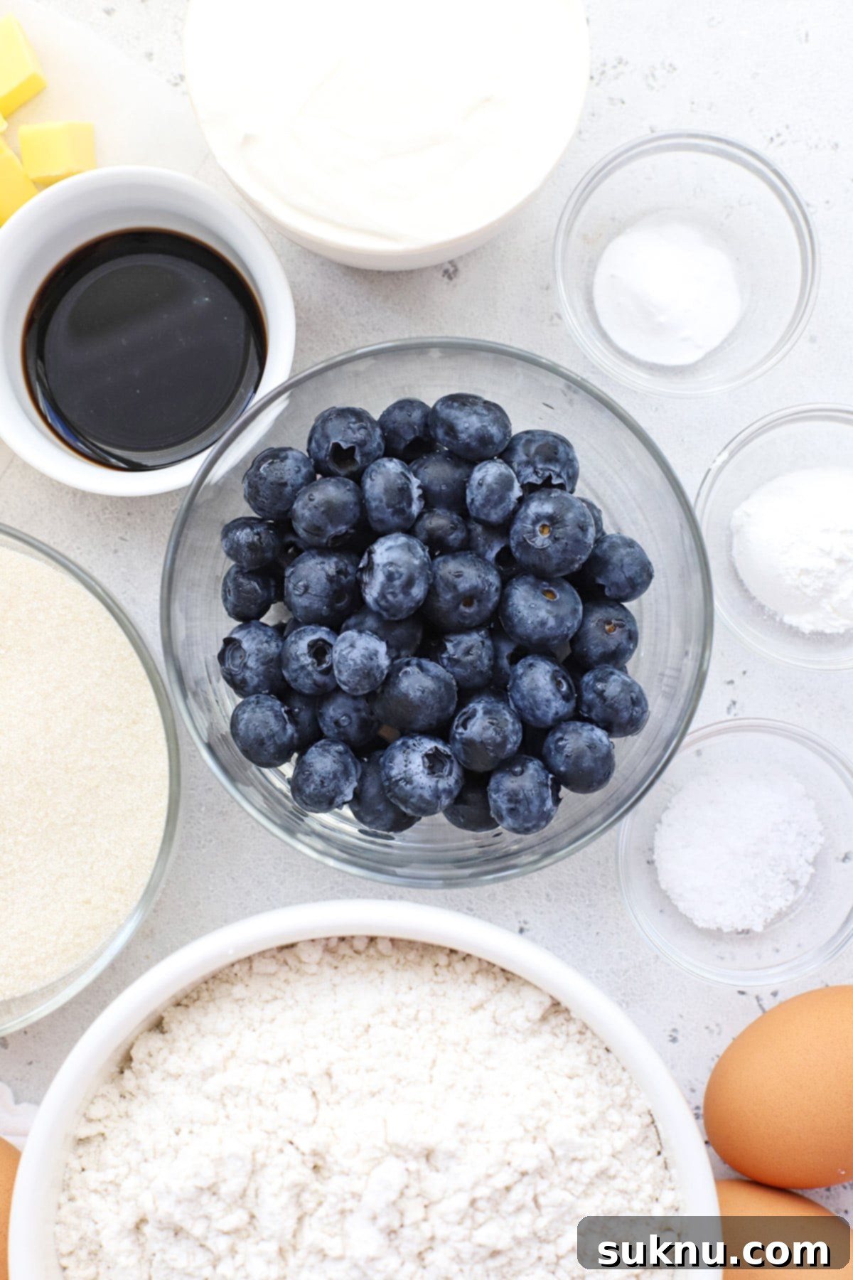 Overhead view of ingredients for gluten-free blueberry coffee cake