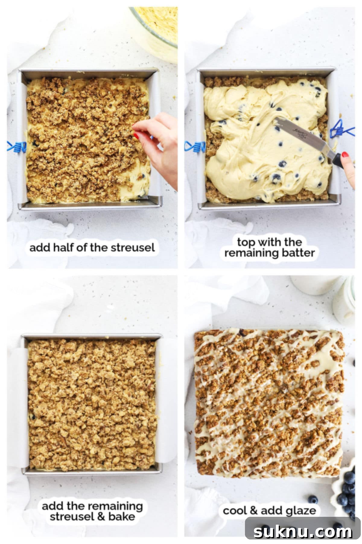 layering gluten-free blueberry coffee cake step by step