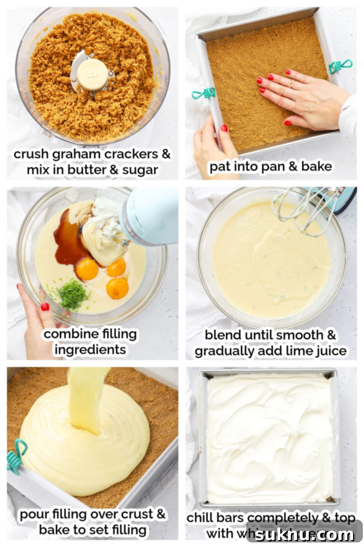 Steps for making gluten-free key lime pie bars, from crust to filling