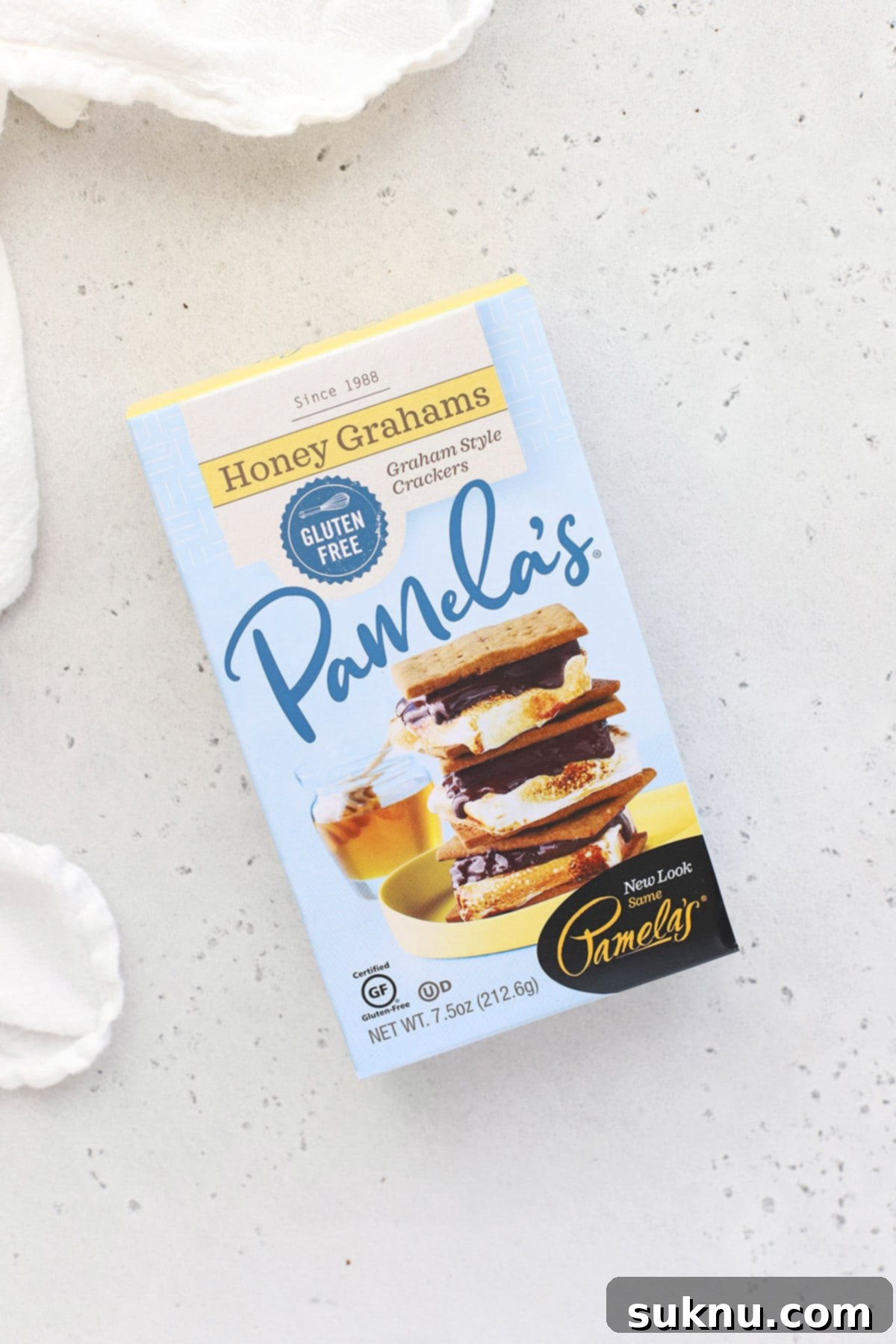 Pamela's gluten-free graham crackers on a white backdrop