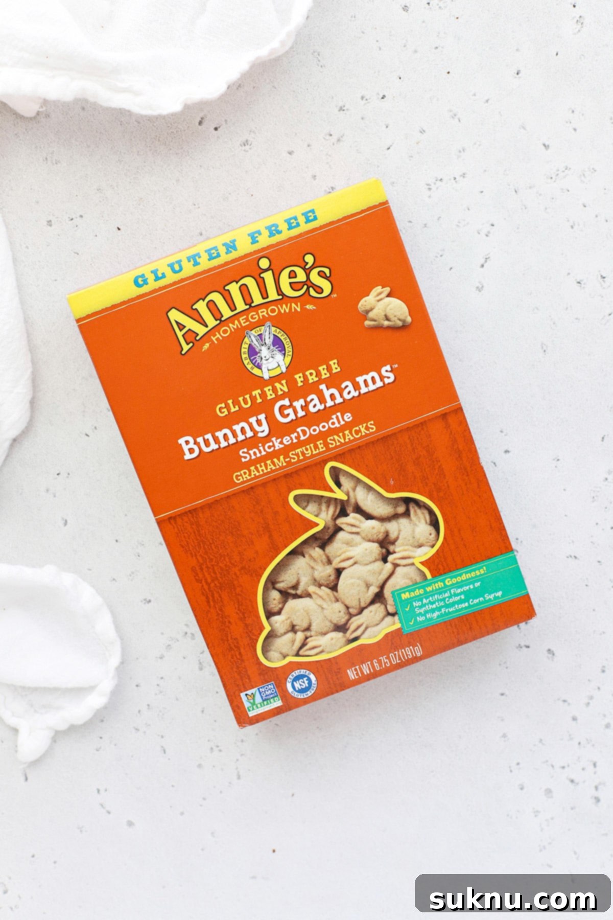 Annies gluten-free snickerdoodle graham bunnies on a white background