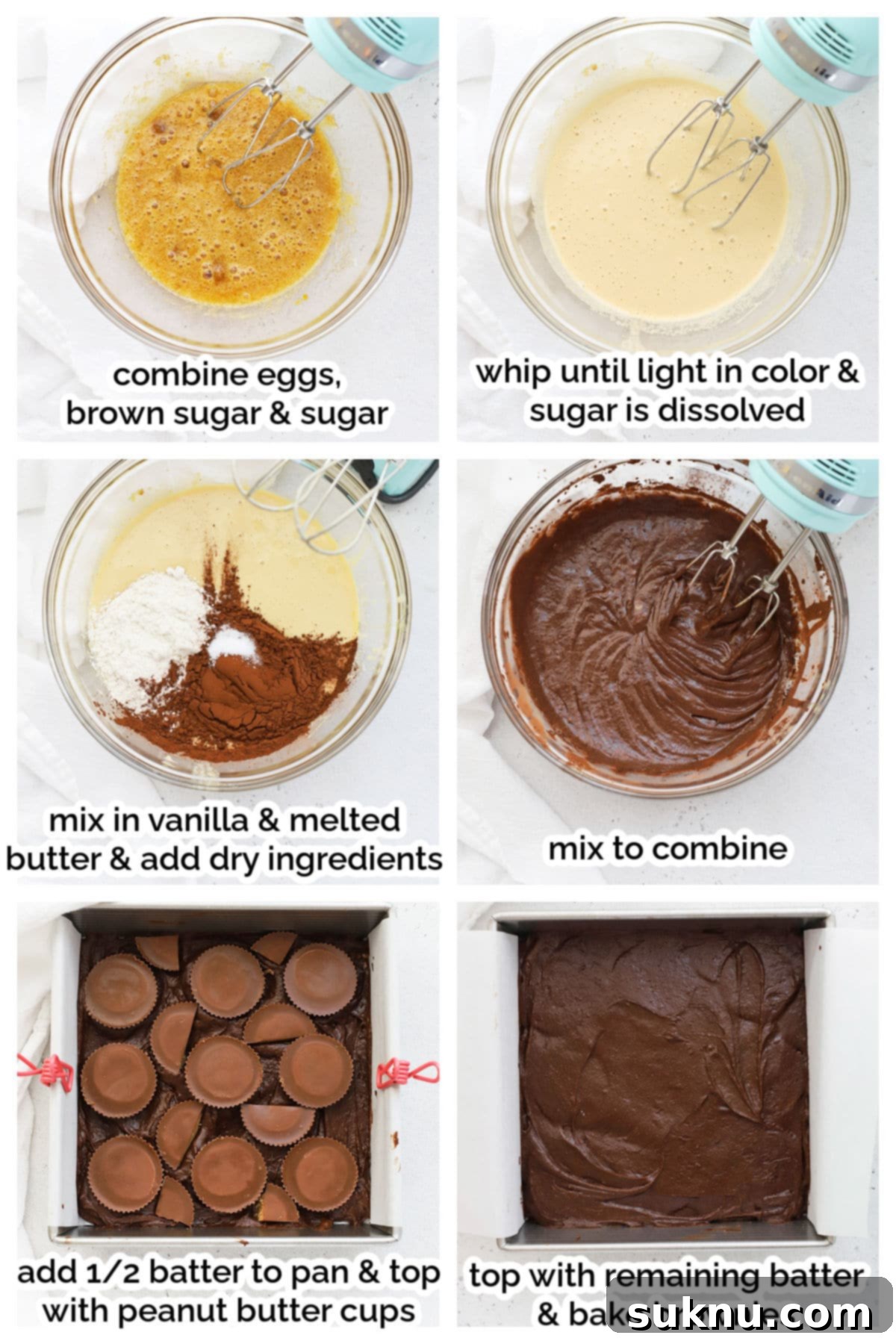 Step-by-step process of mixing ingredients for gluten-free peanut butter cup brownies, showing a bowl of whipped eggs and sugar.