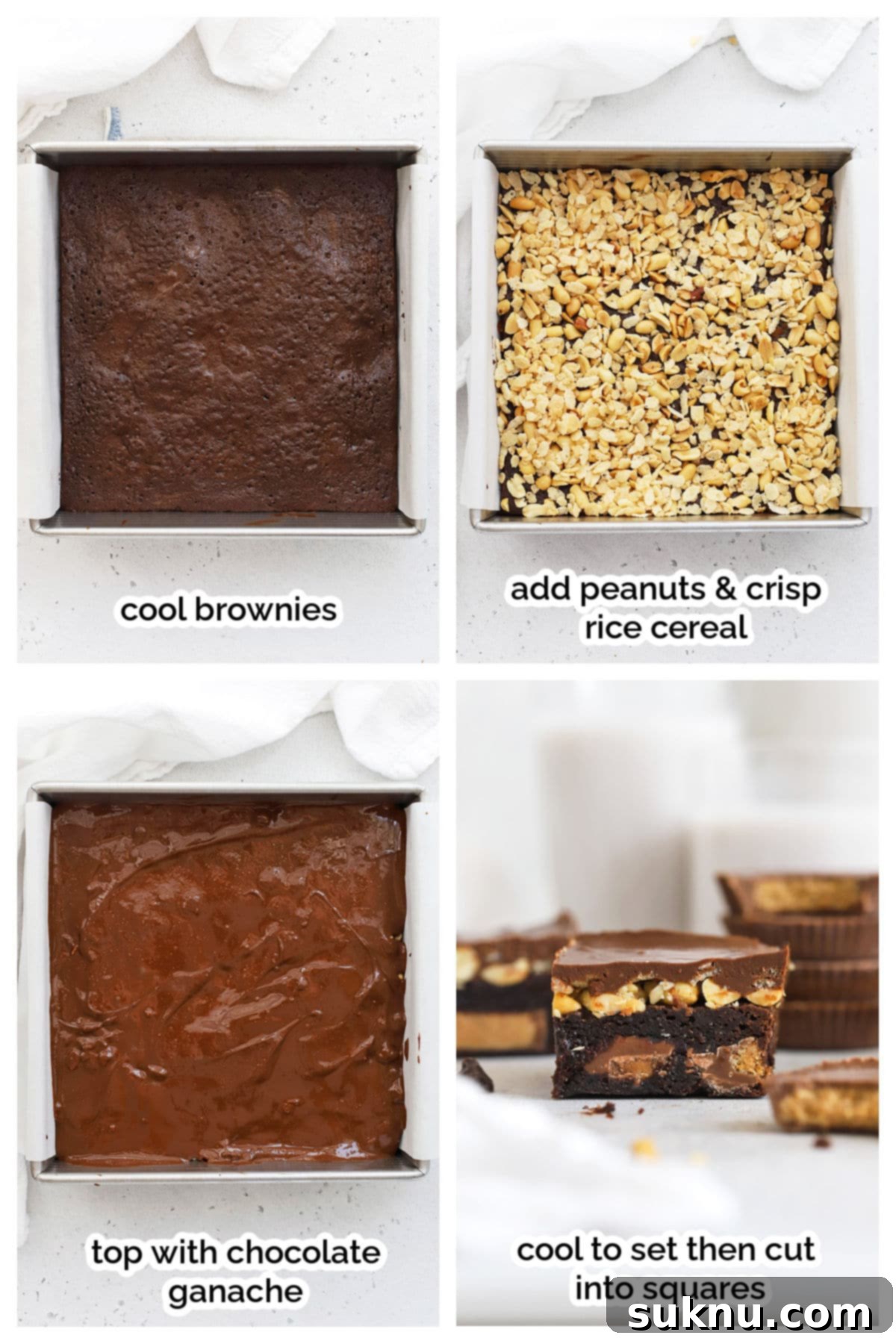 Assembling gluten-free peanut butter cup brownies with the chocolate peanut butter crunch layer being poured over peanuts and crisp rice cereal.