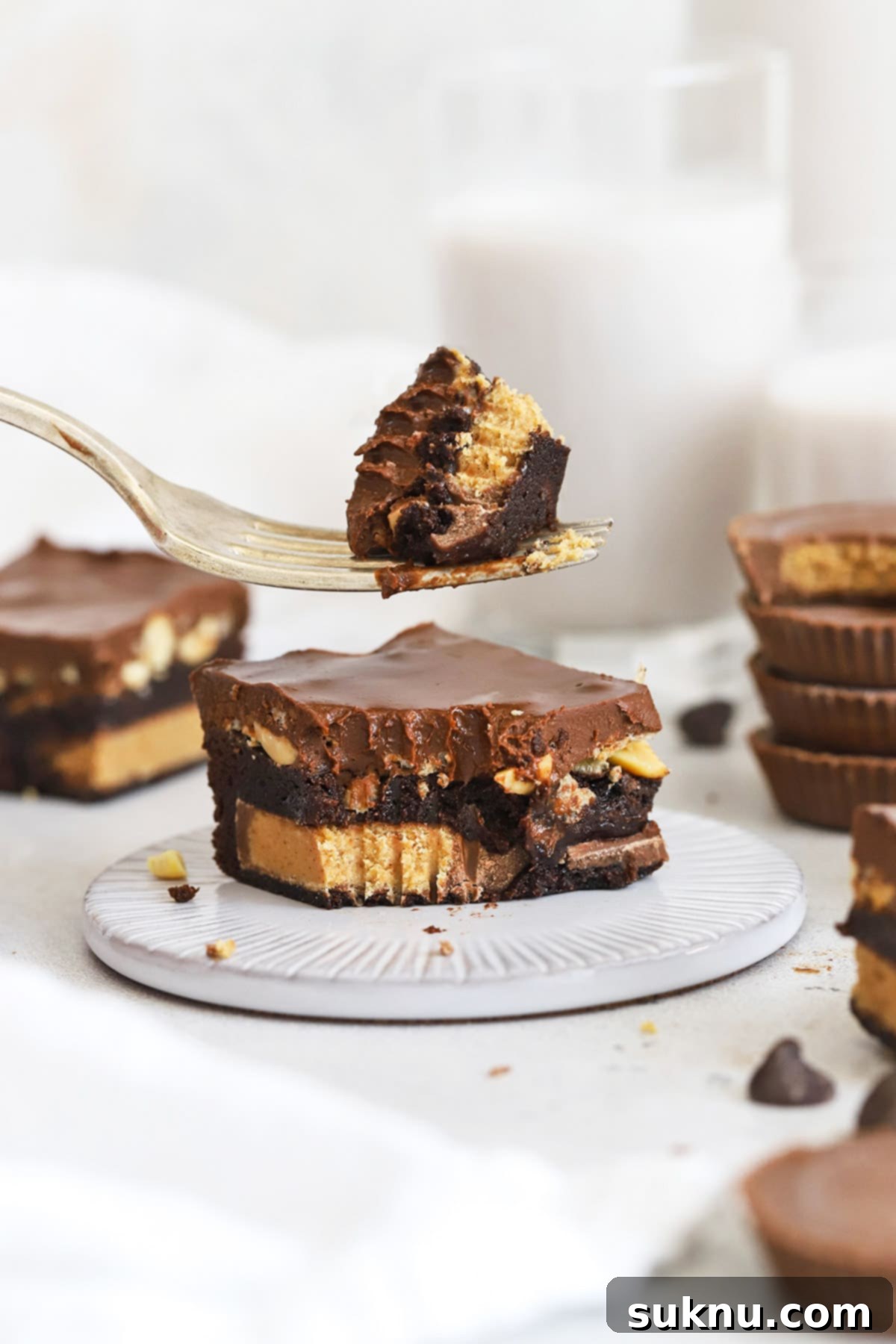 Close-up front view of a single gluten-free peanut butter cup brownie, highlighting the layered texture.