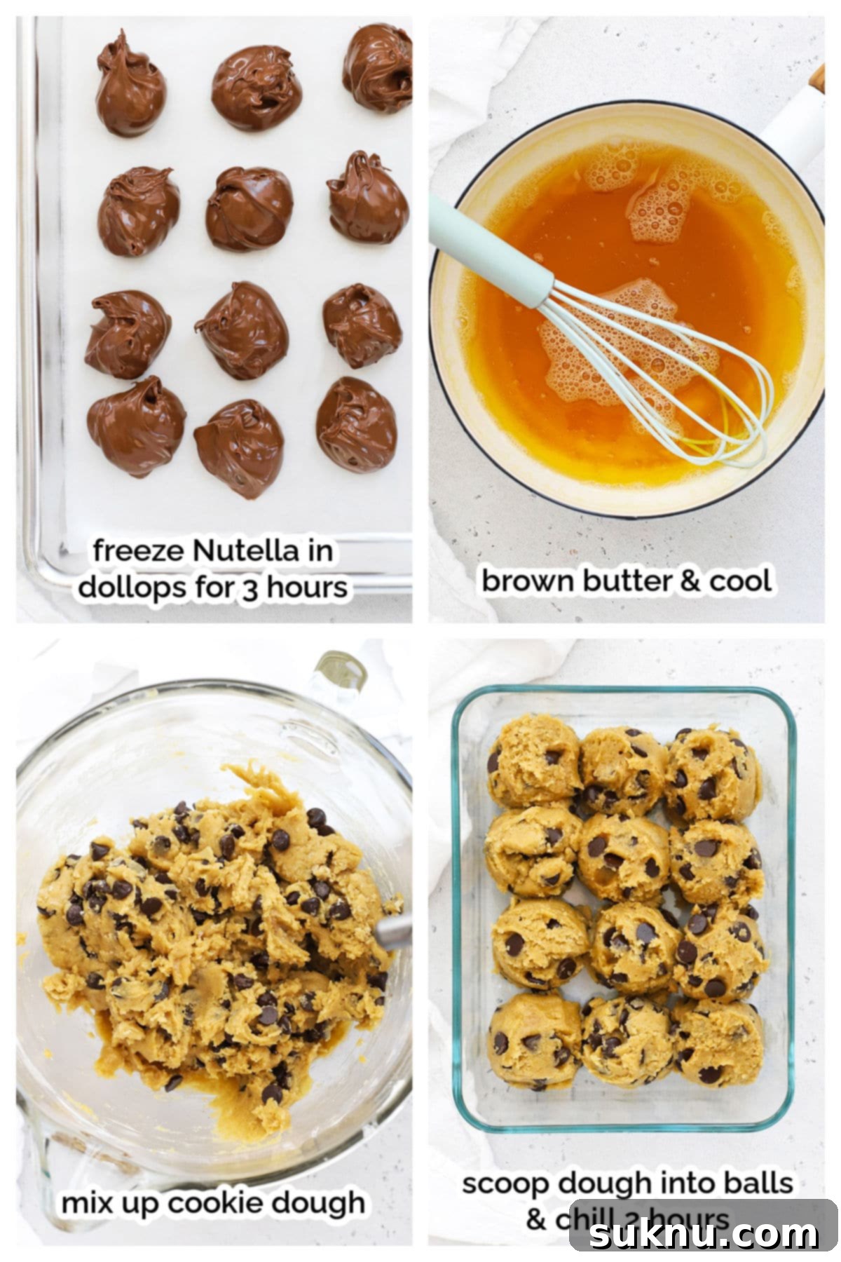 A step-by-step visual of preparing gluten-free Nutella cookies, showing the scooping and chilling of Nutella, an important preparation step.